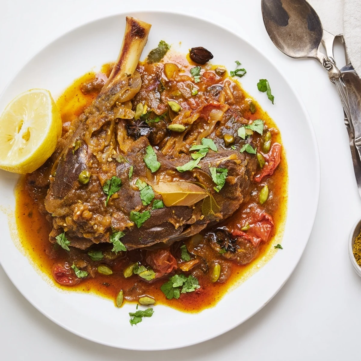 The deep mahogany color of the Slow Cooked Indian Lamb Shanks highlights tender meat falling off the bone beside fresh cilantro and lemon wedges.