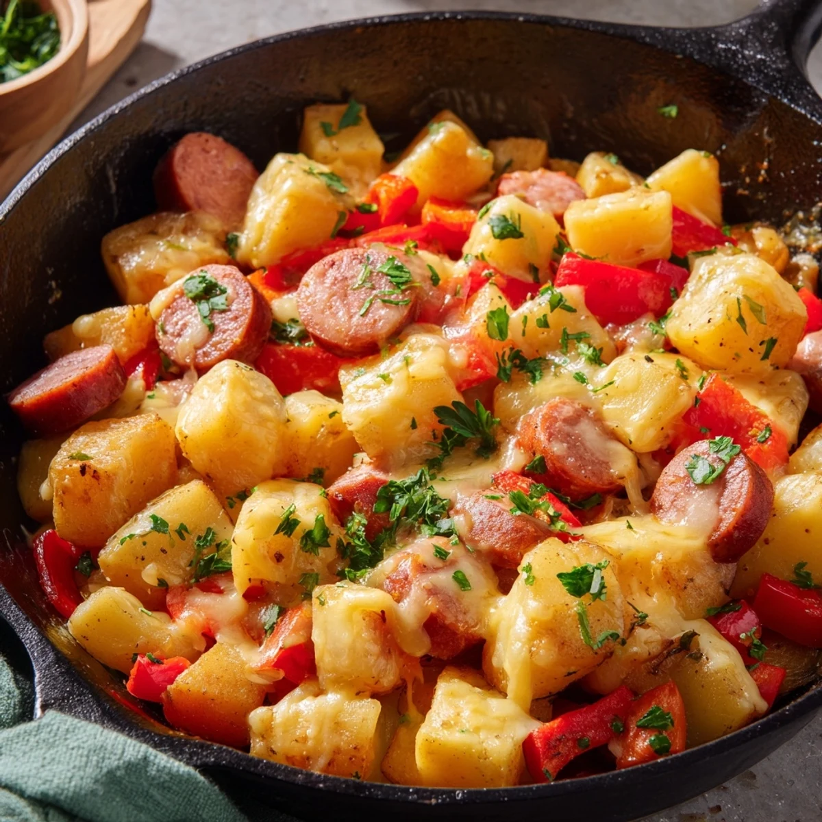 Golden bubbling cheddar tops sliced smoked sausage and tender potatoes in this easy Cheesy Sausage and Potato Skillet Bake, fresh from the oven.