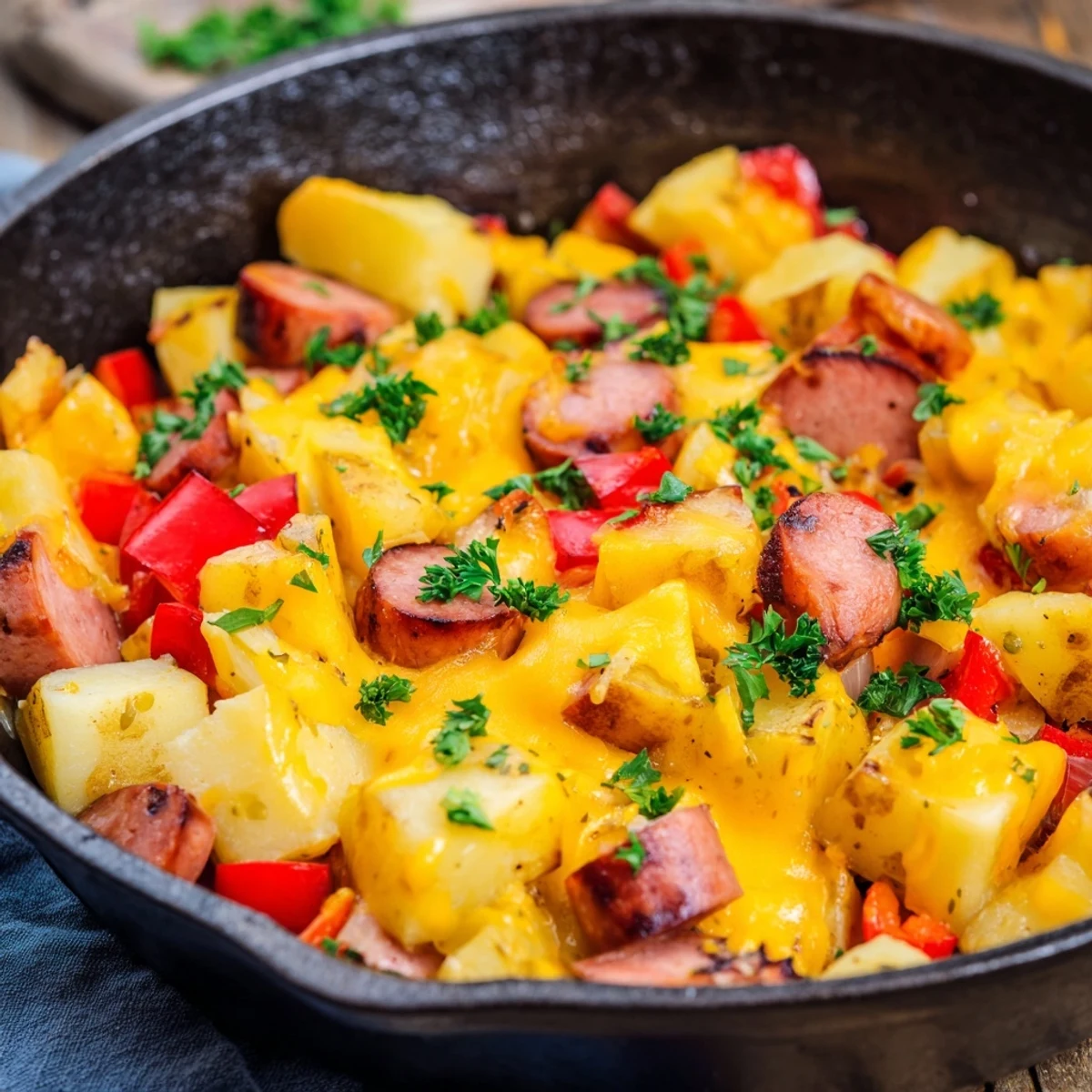A hearty skillet bake with roasted potato cubes, browned sausage, and melted cheese, perfect for serving steaming hot at a weeknight family dinner.