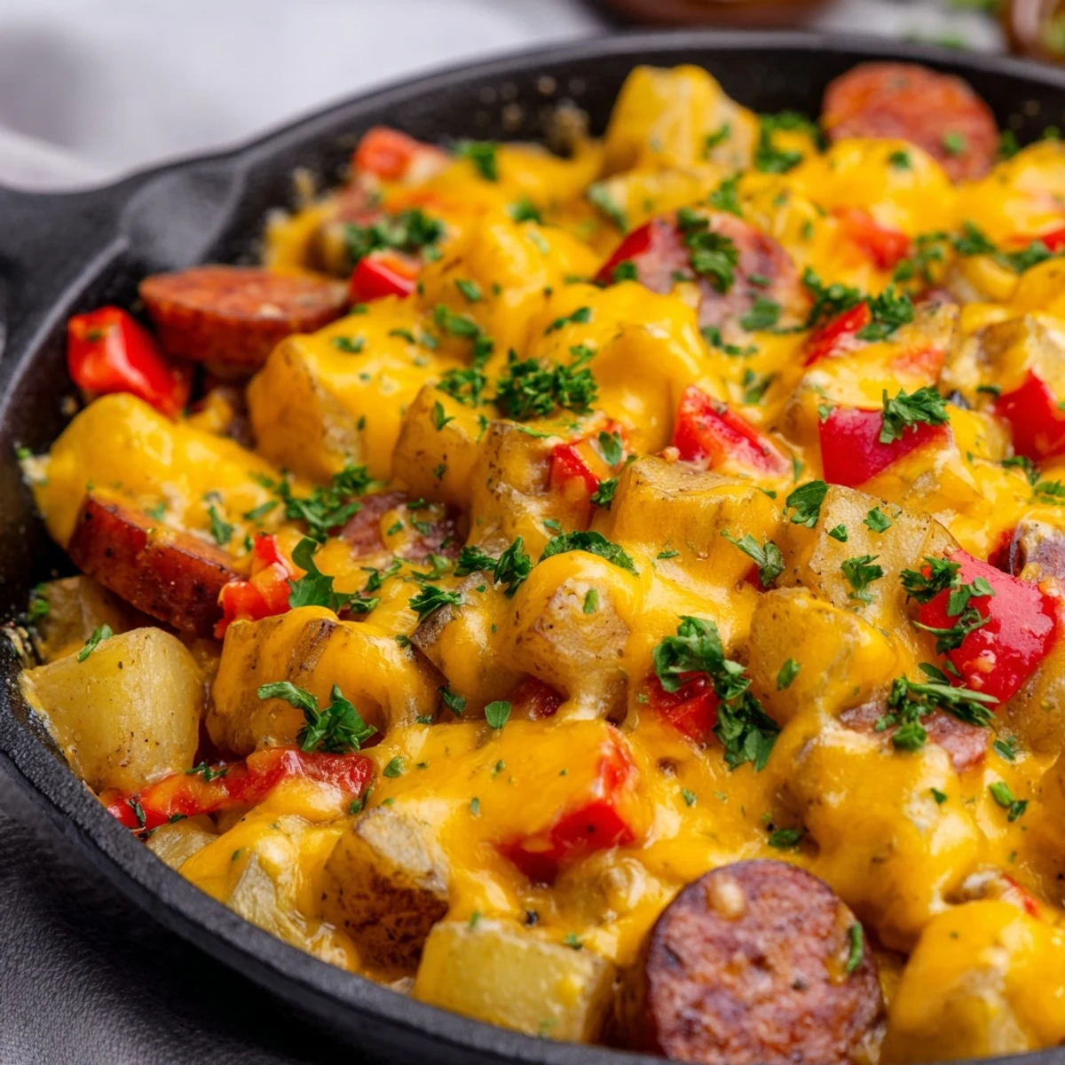 A comforting one-pan dinner featuring a golden, bubbly cheese crust over savory sausage and potatoes, garnished with fresh green parsley for color.