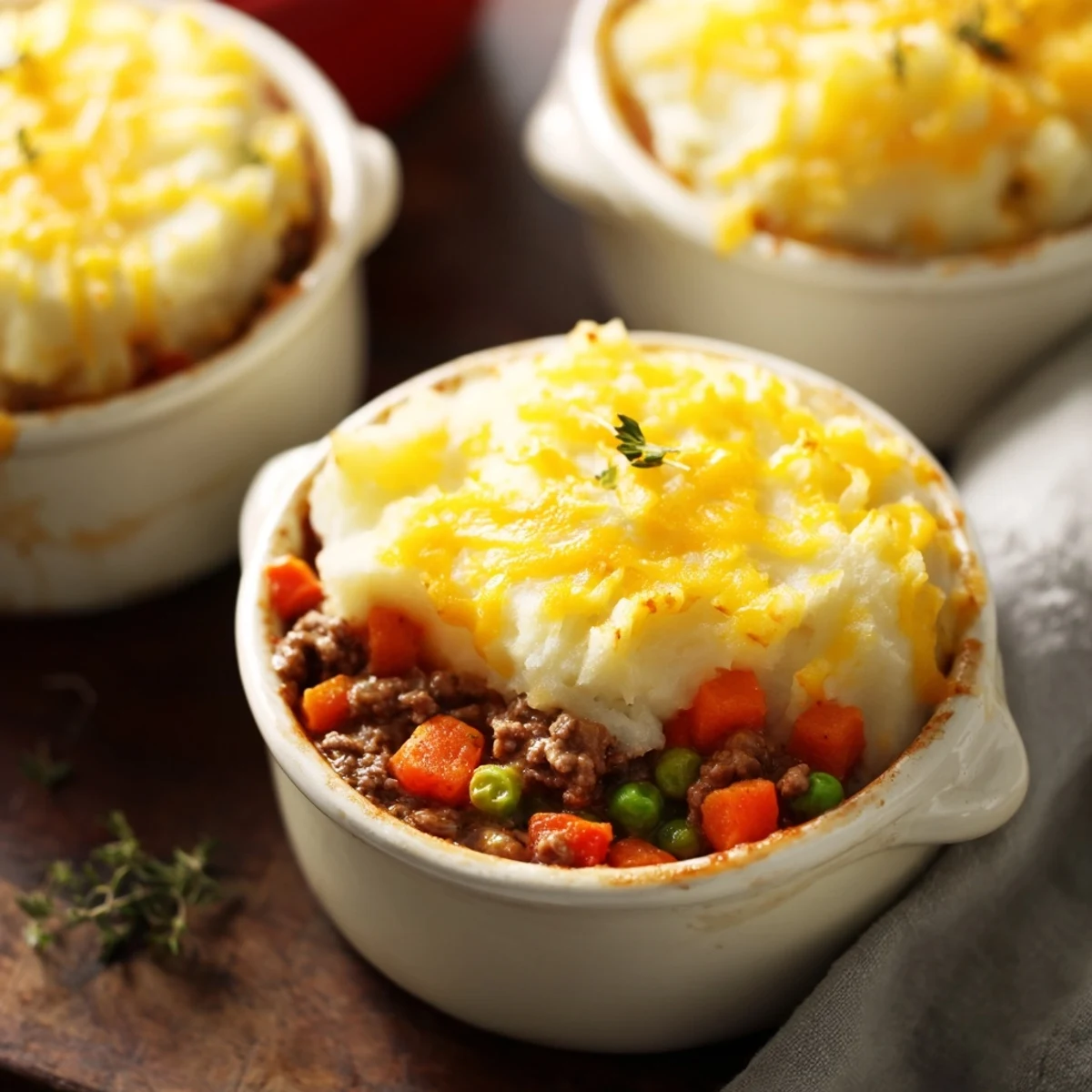 A close-up of Mini Shepherds Pie with golden mashed potato topping and bubbling beef filling in a ramekin, served with a fresh green salad.