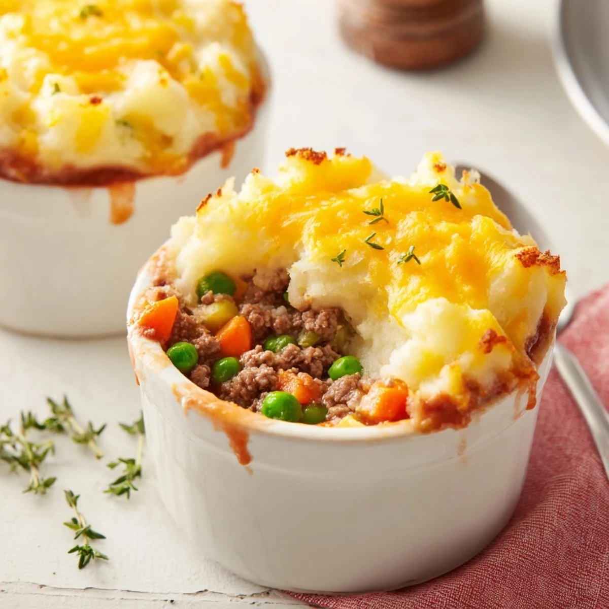 Individual Mini Shepherds Pie portions featuring creamy mashed potatoes and savory ground meat filling, baked until golden and served on a rustic wooden table.