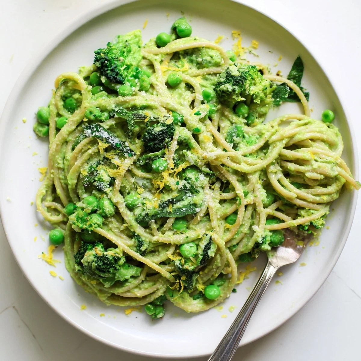 This bowl of Veggie Smuggler Avocado Pasta features vibrant green sauce and a sprinkle of Parmesan cheese.