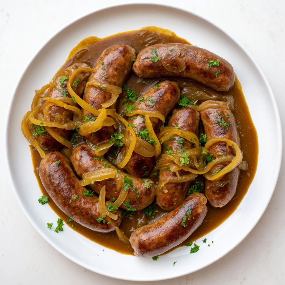 Juicy sausages and caramelized onions in rich gravy over creamy mashed potatoes for Sausages in Onion Gravy.