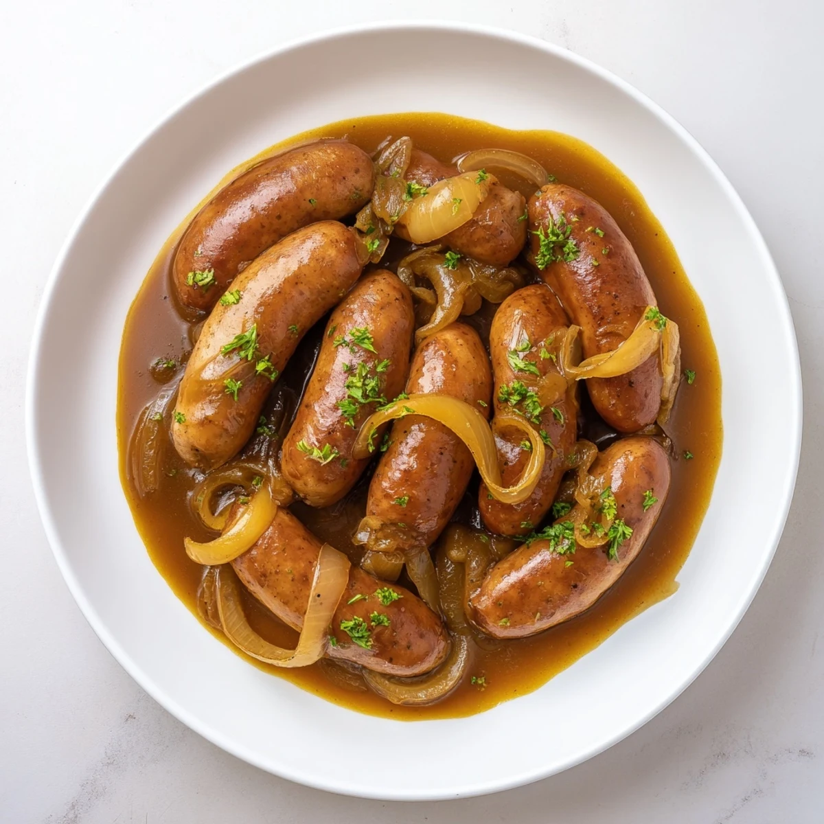Savory Sausages in Onion Gravy steaming beside fluffy mashed potatoes with fresh parsley garnish.