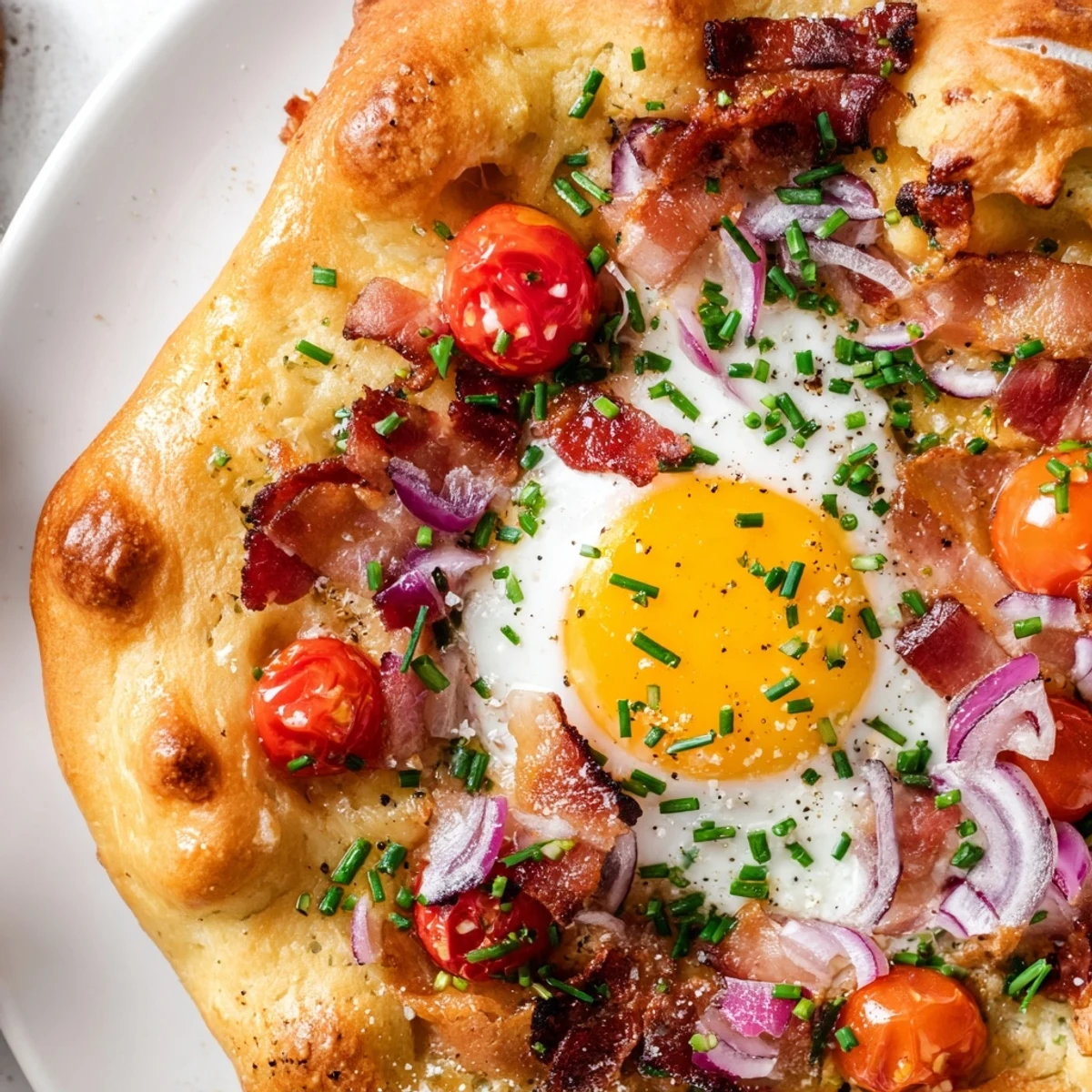 Freshly baked Breakfast Focaccia with crispy bacon, baked eggs, and cherry tomatoes on a wooden board.