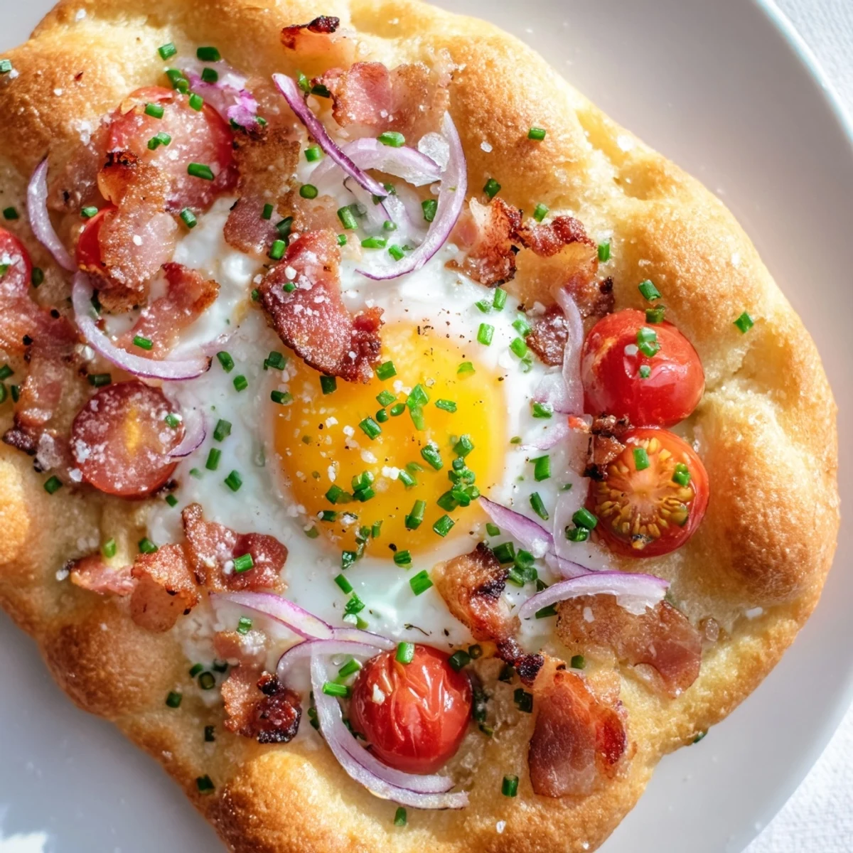 Golden olive oil-rich Breakfast Focaccia with eggs and bacon, served warm for a savory brunch.