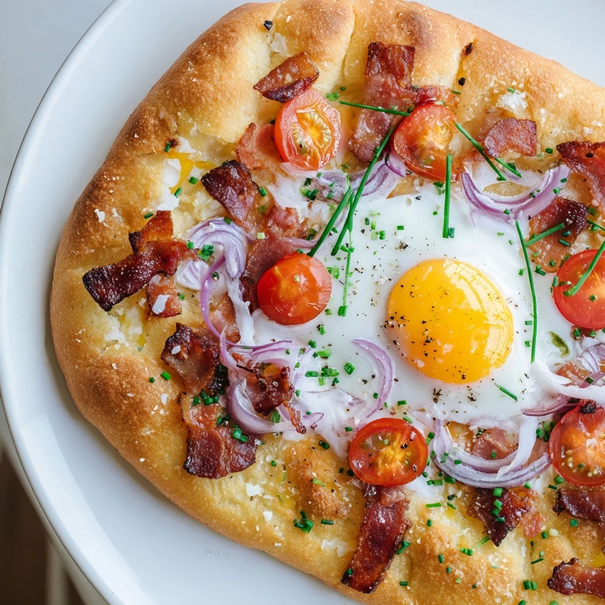 Sliced Breakfast Focaccia topped with runny egg yolks, red onion, and fresh herbs on a plate.