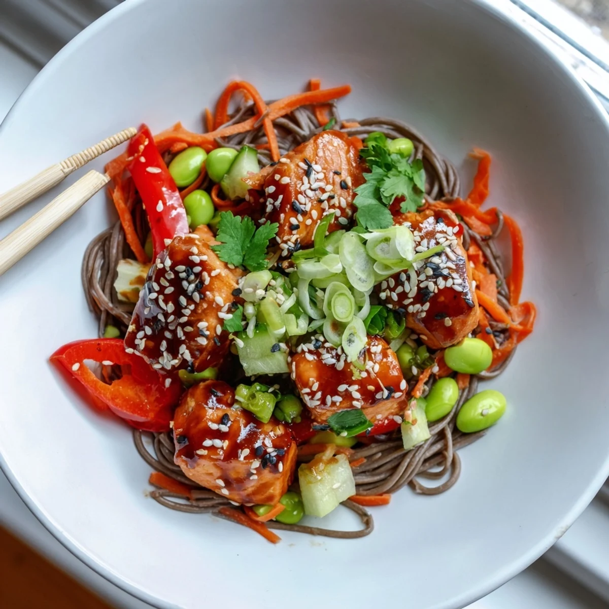 Glazed Teriyaki Salmon Soba Noodle Salad topped with crunchy vegetables and sesame seeds.