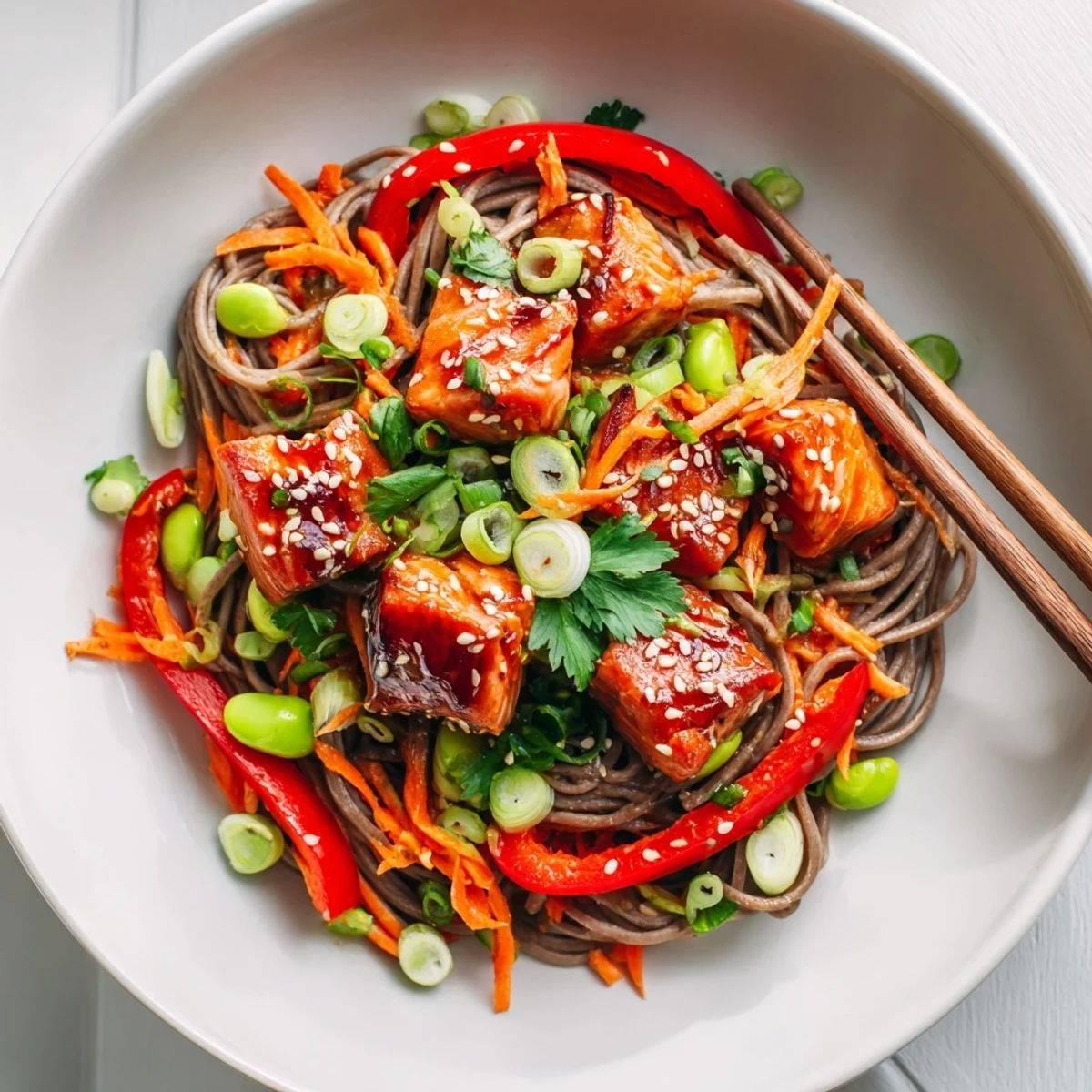 Teriyaki Salmon Soba Noodle Salad flaked over soba noodles with a tangy lime dressing.