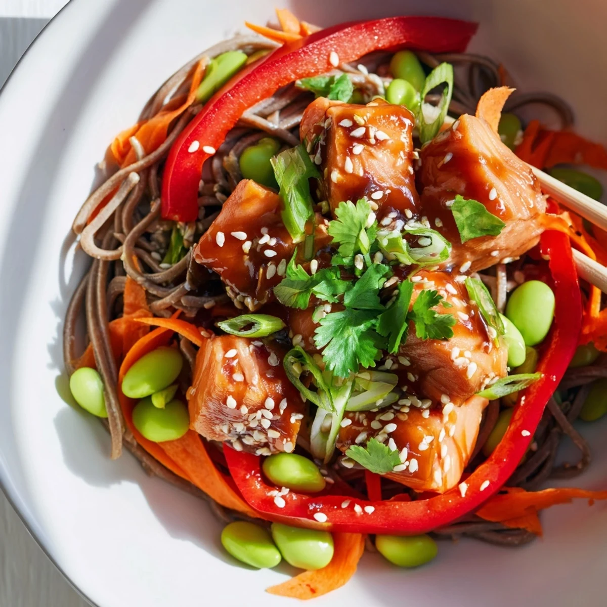 A close-up of Teriyaki Salmon Soba Noodle Salad featuring tender salmon and crisp veggies.