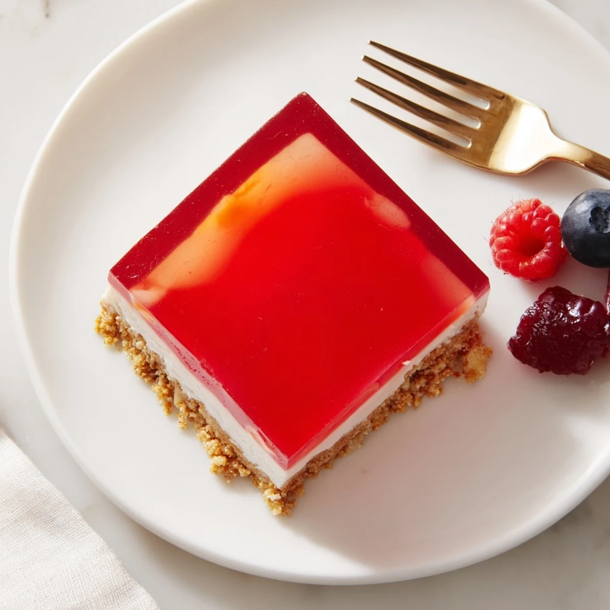 Golden graham cracker crust topped with creamy no bake Greek yogurt jello cheesecake with vibrant fruit gelatin layer