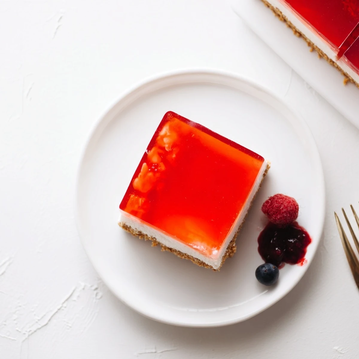 Slice of no bake Greek yogurt jello cheesecake featuring fluffy yogurt filling and wobbly fruit jello topping on crumbly crust
