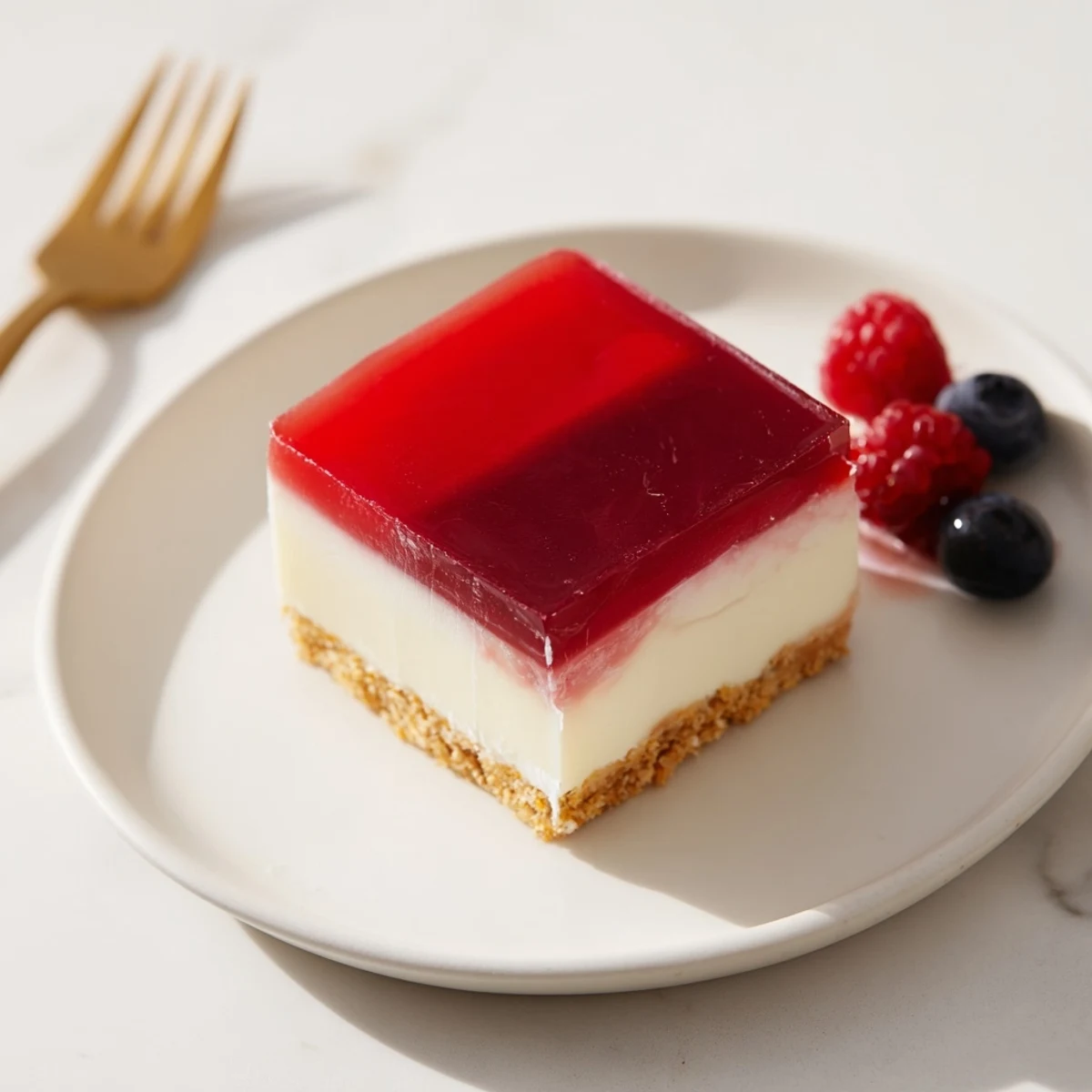 Chilled no bake Greek yogurt jello cheesecake wedges showcasing smooth cream cheese yogurt filling and translucent colorful gelatin garnished with fresh berries