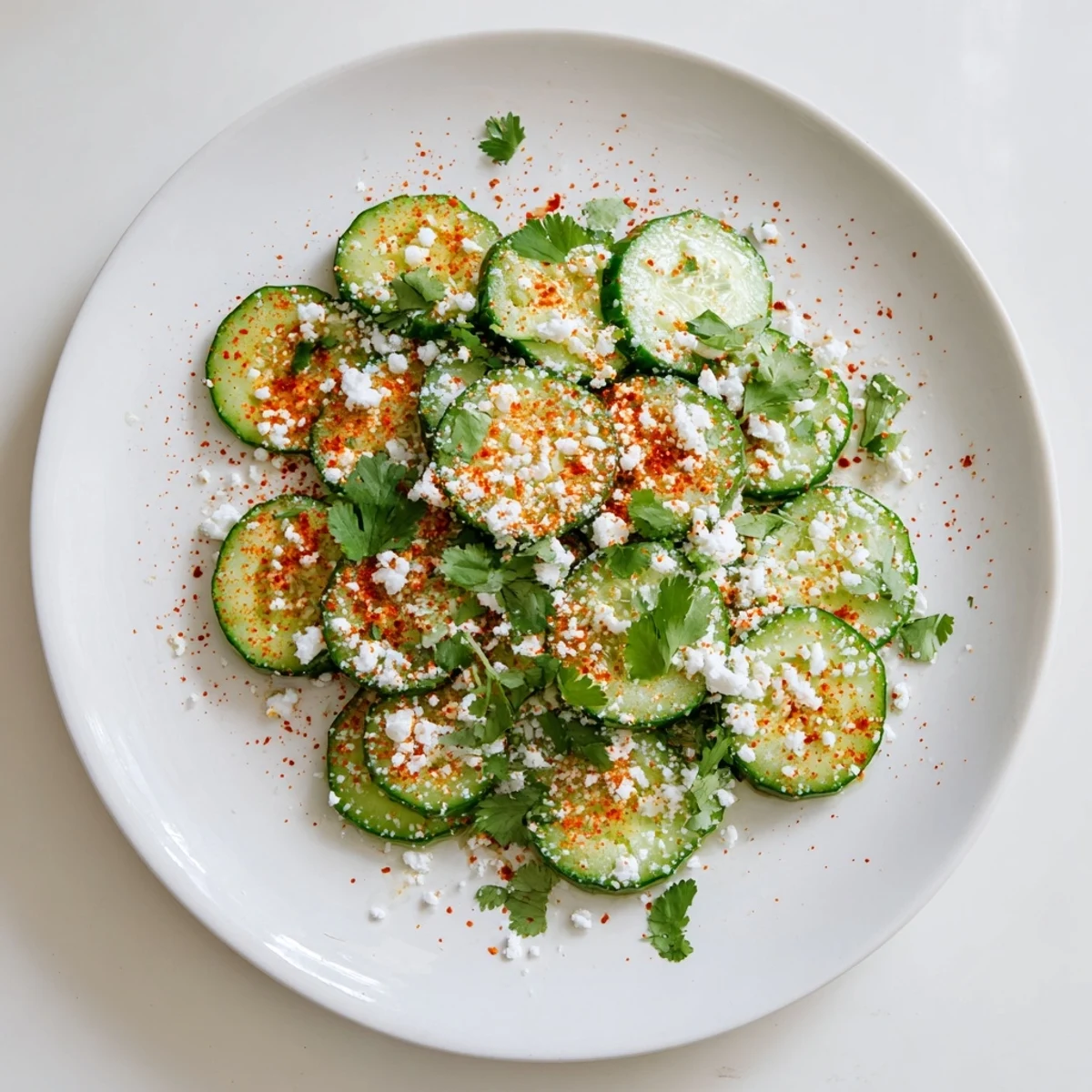 Bright green cucumber rounds topped with fresh cilantro and cotija cheese, seasoned with tangy lime and chili powder for Mexican Style Cucumbers.