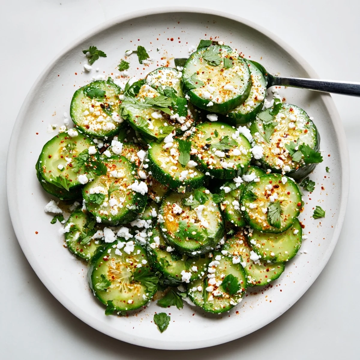 Crisp sliced cucumbers tossed in lime juice and chili powder in a white bowl, ready to serve as a refreshing Mexican Style Cucumbers snack.