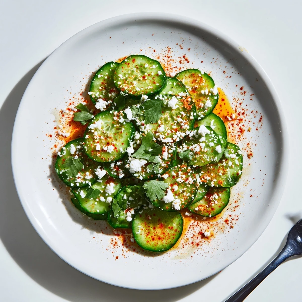 Fresh Mexican Style Cucumbers garnished with chopped cilantro and a lime wedge, offering a zesty, low-calorie summer appetizer with a hint of salt.