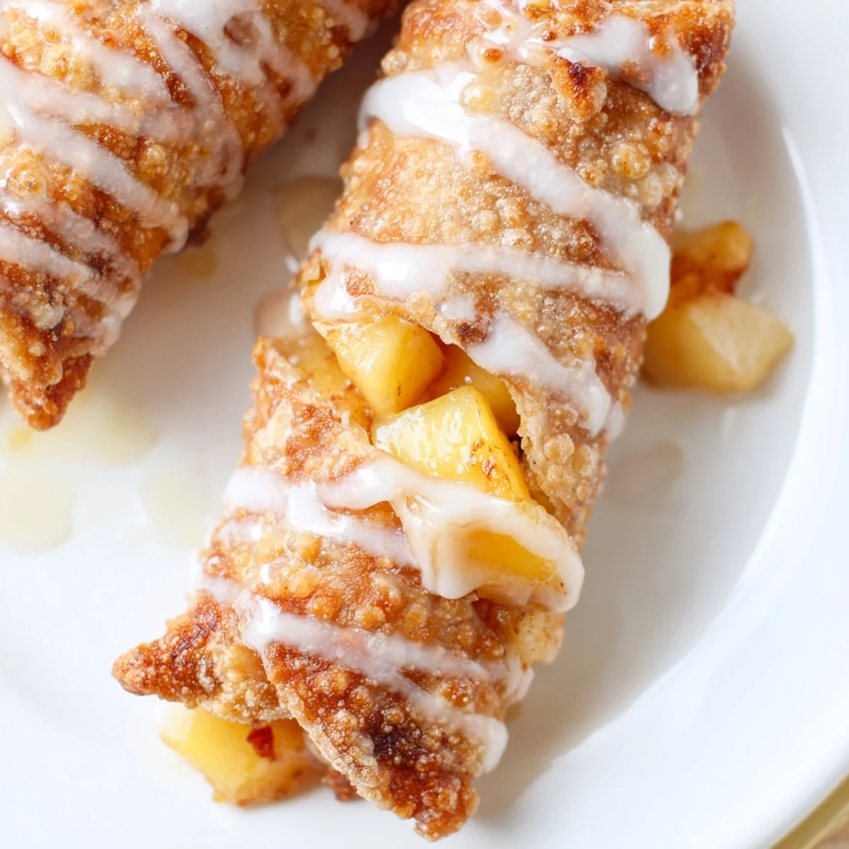 Golden fried Peach Cobbler Egg Rolls are drizzled with vanilla glaze on a rustic wooden table.