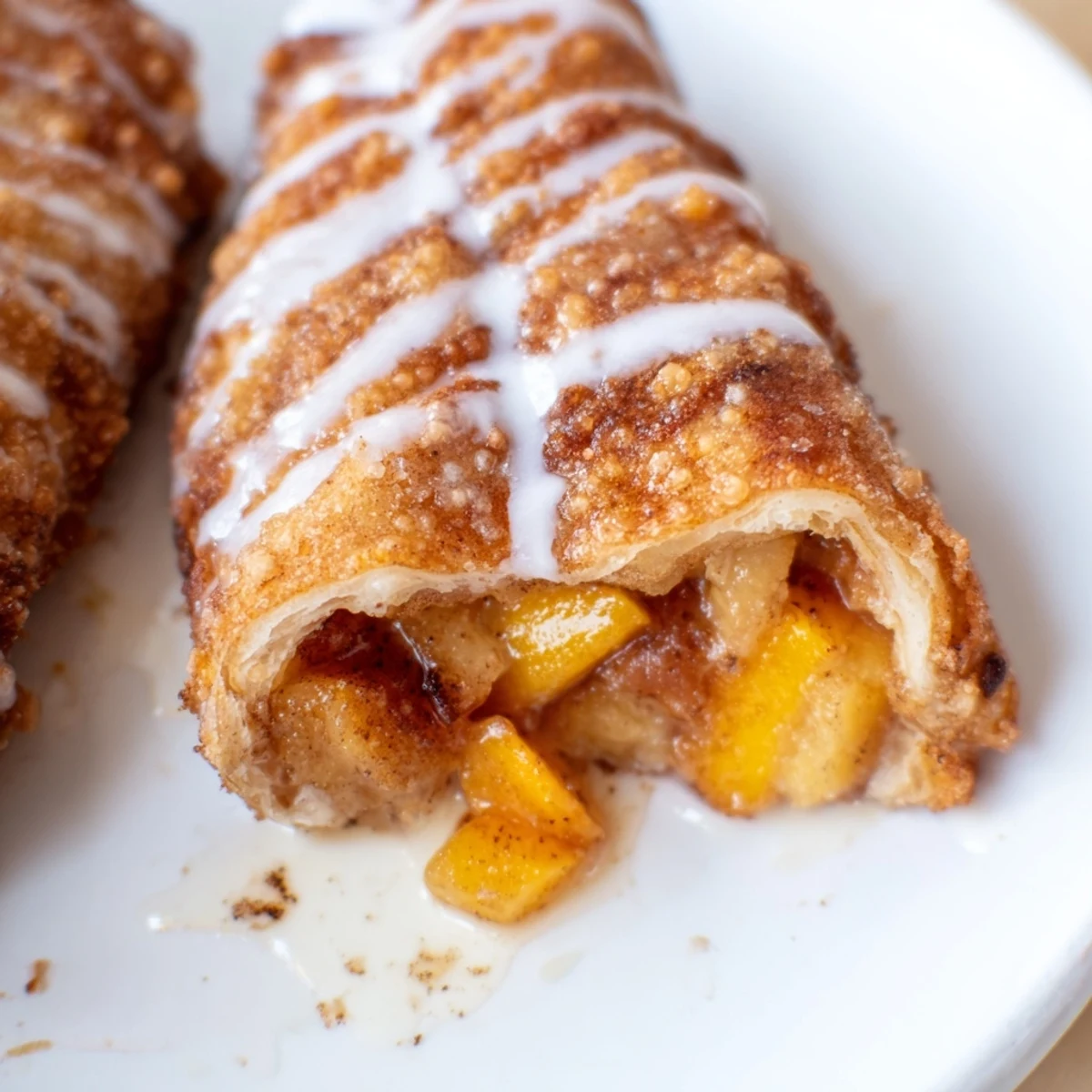 Freshly baked Peach Cobbler Egg Rolls filled with cinnamon spiced peaches sit beside a scoop of ice cream.