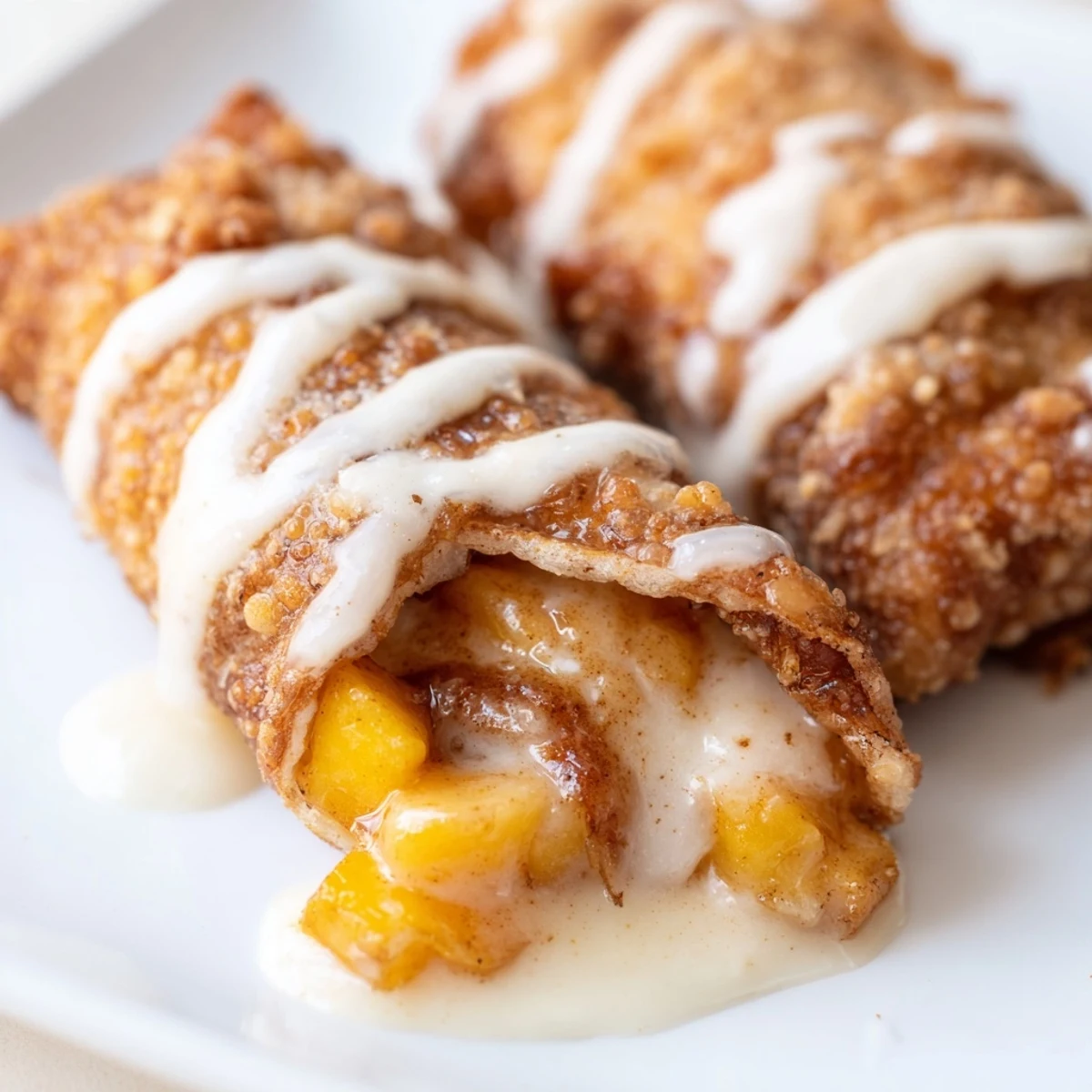 Close up of crispy Peach Cobbler Egg Rolls with sweet peach filling and a dripping vanilla glaze.