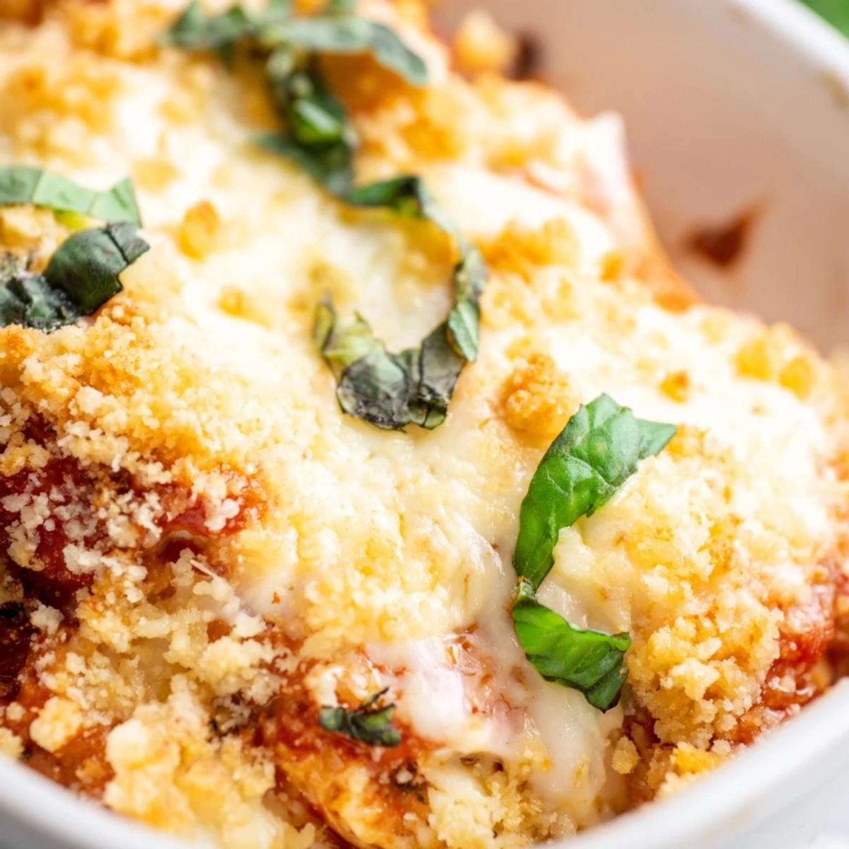 Golden, bubbly Keto Chicken Parmesan Casserole topped with fresh basil and served hot in a baking dish.  