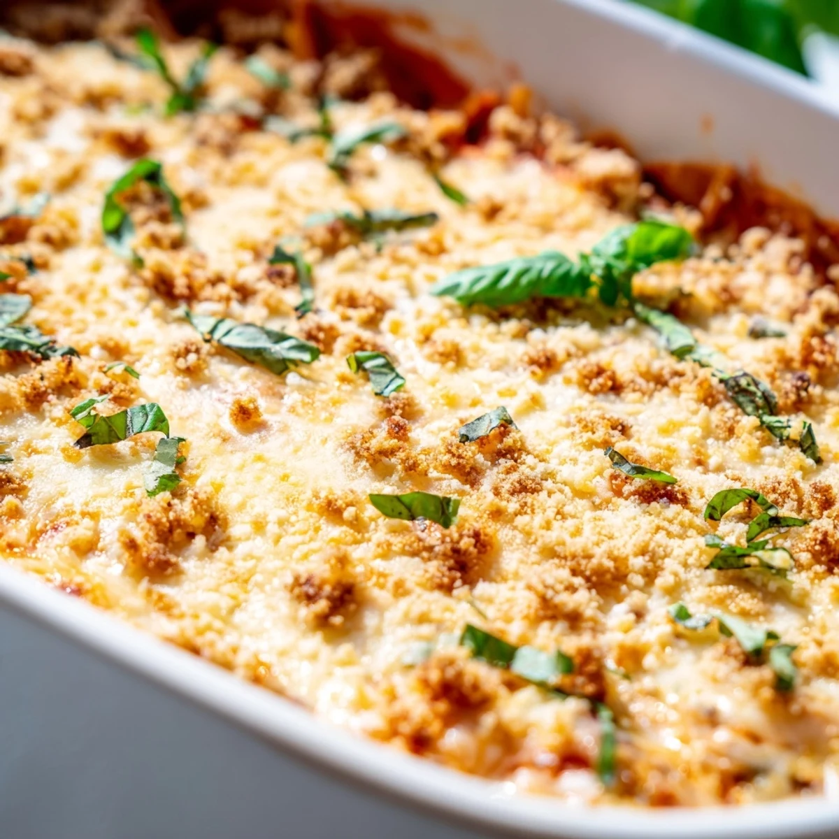 Savory Keto Chicken Parmesan Casserole with melted mozzarella and rich marinara sauce, ready to enjoy.  