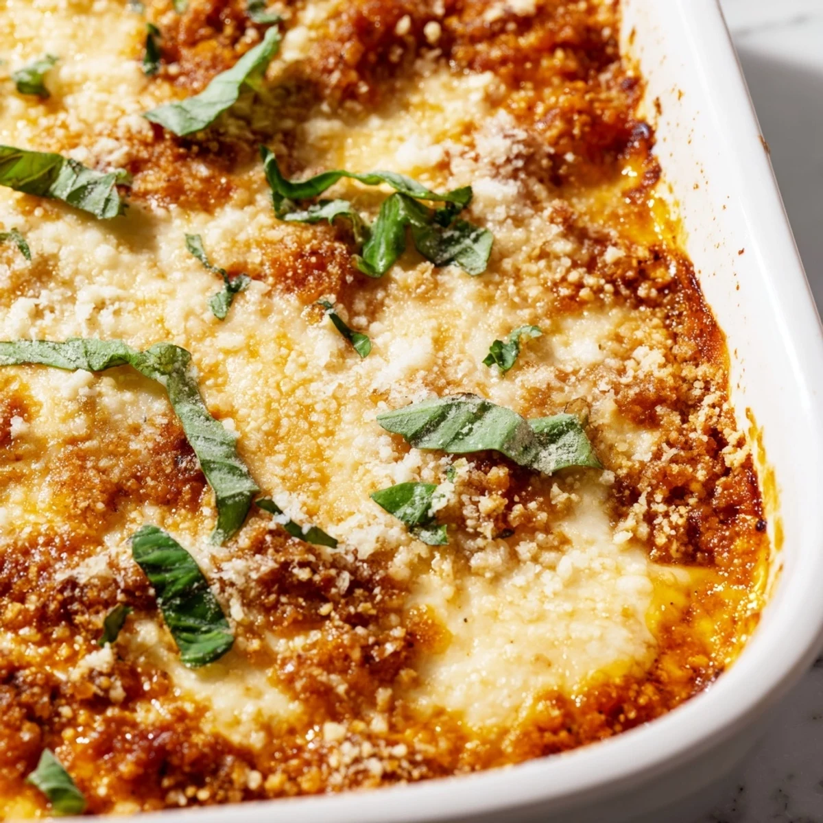 Comforting Keto Chicken Parmesan Casserole with golden cheese crust, garnished with basil on a plate.