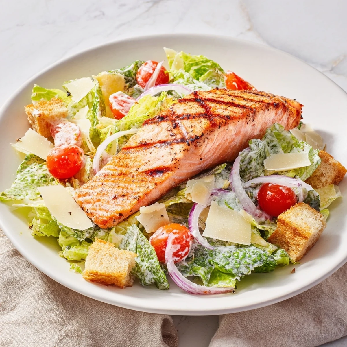 Plate of Salmon Caesar Salad featuring juicy salmon, cherry tomatoes, and fresh Parmesan for a healthy dinner.