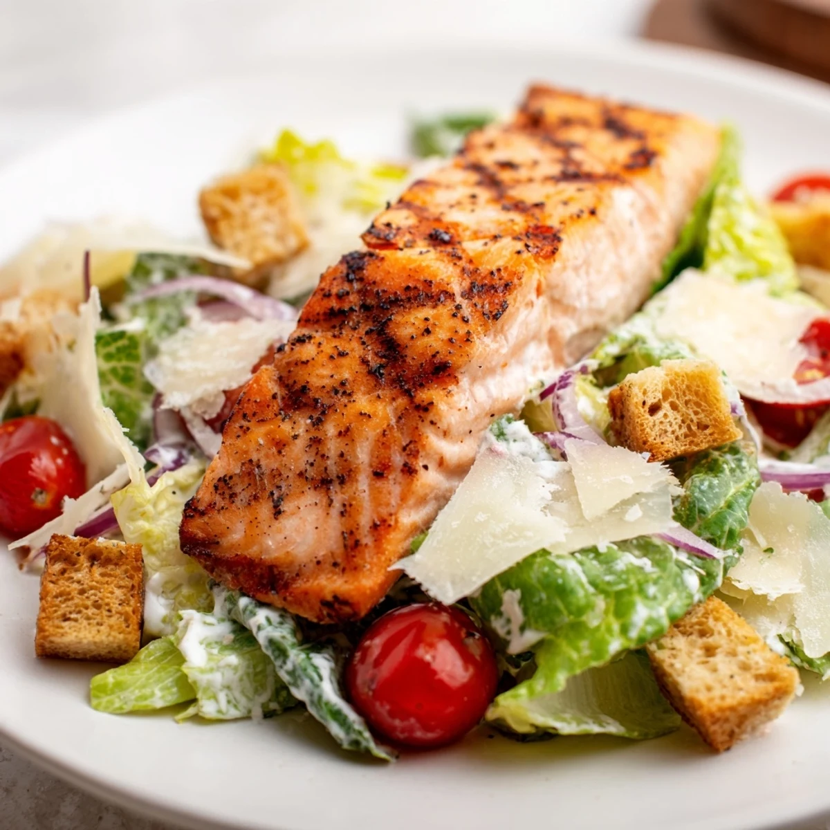 Fork-ready Salmon Caesar Salad with charred salmon on romaine, croutons, and homemade dressing beside a glass of wine.