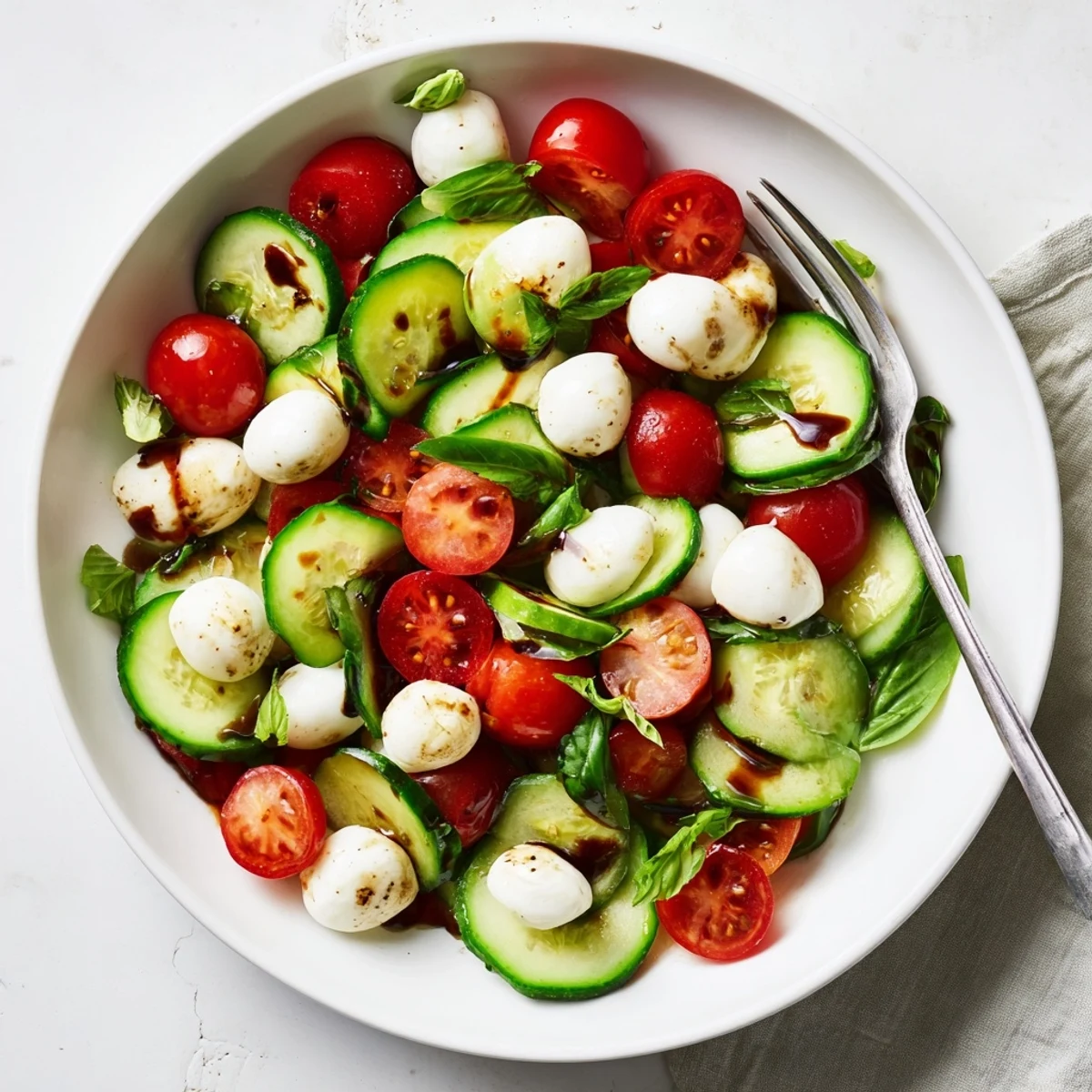 Fresh cucumber Caprese salad bowl with cherry tomatoes, mozzarella balls, and basil drizzled with balsamic glaze