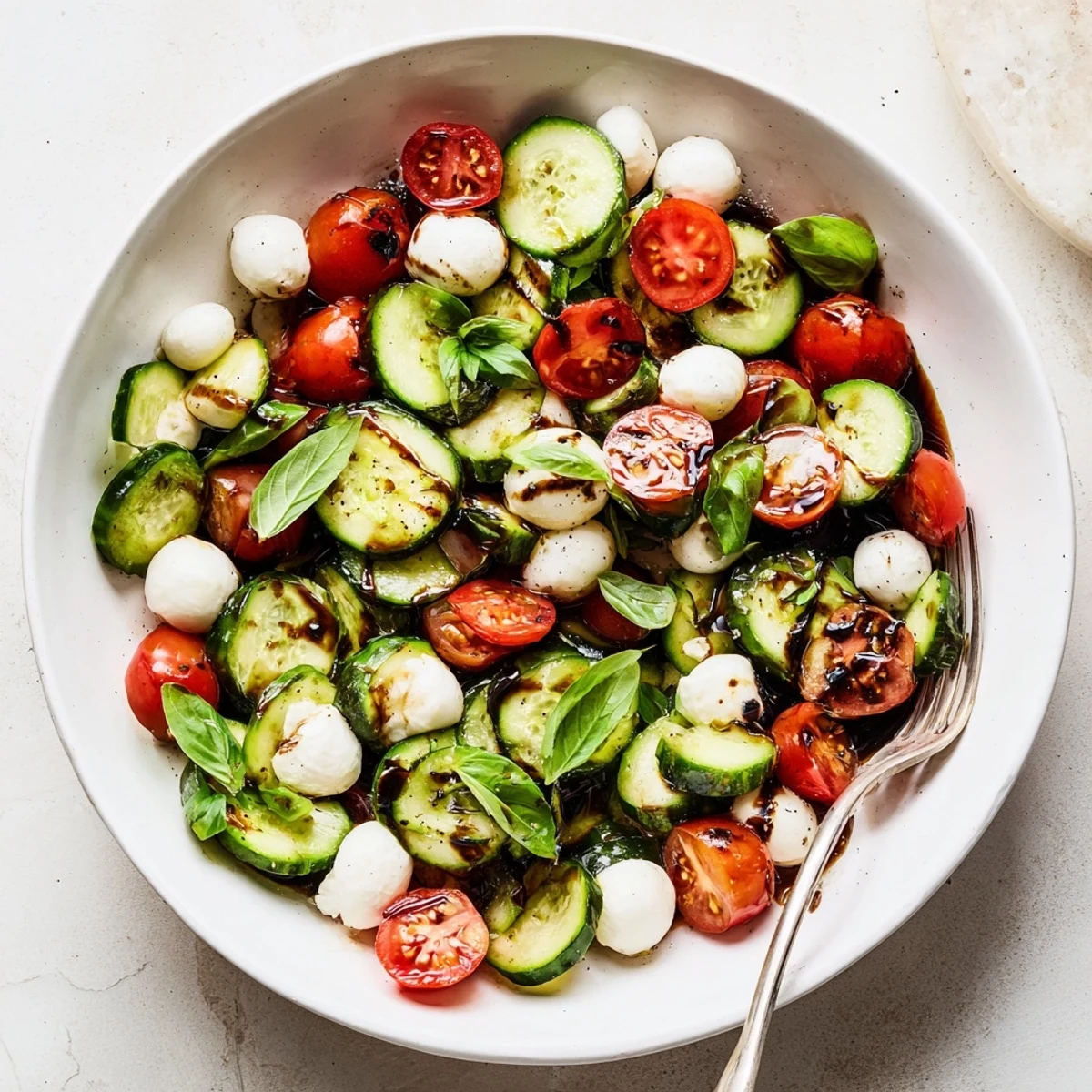Vibrant summer salad featuring crisp cucumbers, ripe tomatoes, and creamy mozzarella tossed in tangy balsamic dressing