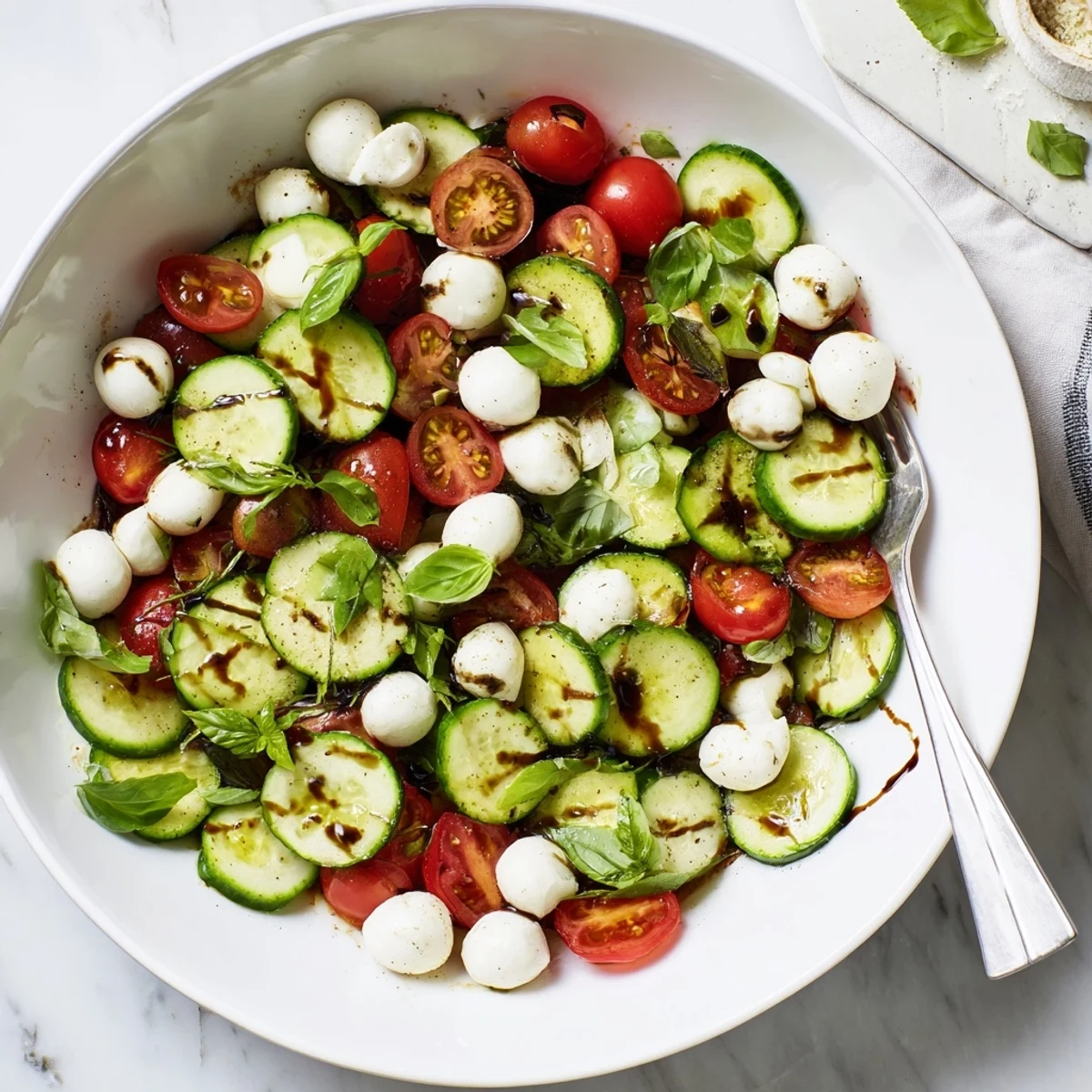 Close-up of juicy cucumber Caprese salad layered with fresh basil, halved cherry tomatoes, and glistening mozzarella