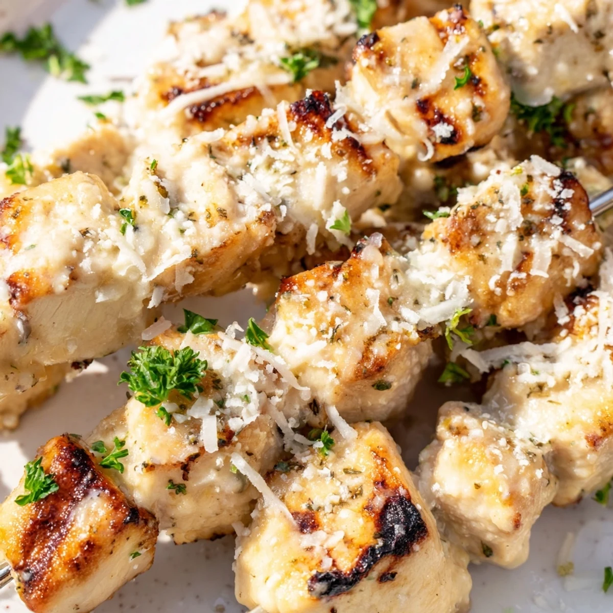 Golden grilled Ranch Garlic Parmesan chicken skewers topped with melted cheese and fresh parsley