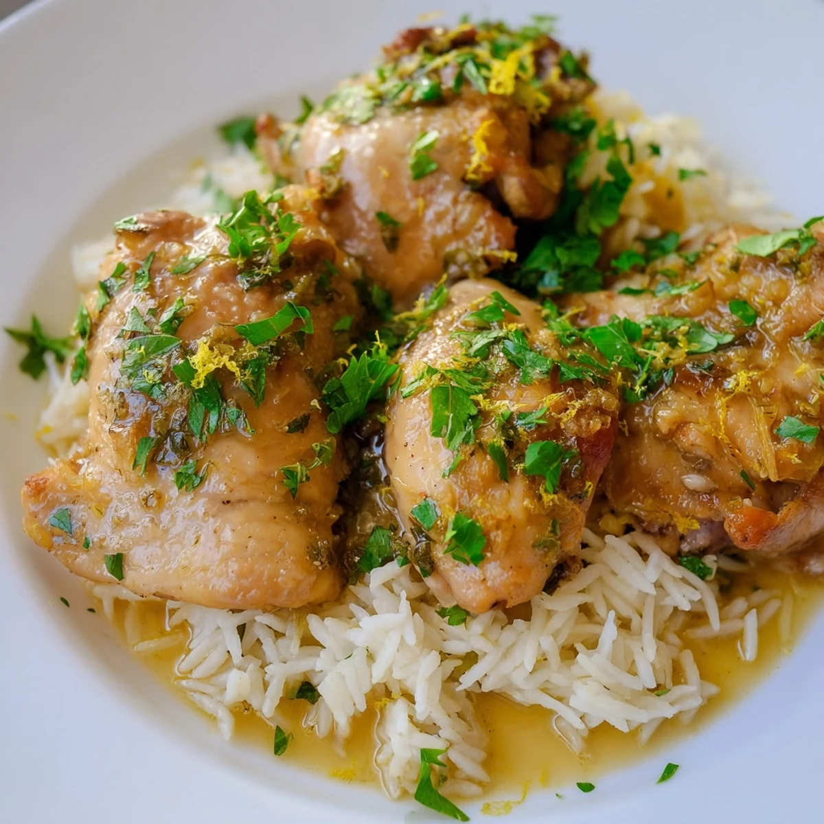 Golden slow cooker lemon herb chicken thighs nestled over steaming fluffy white rice