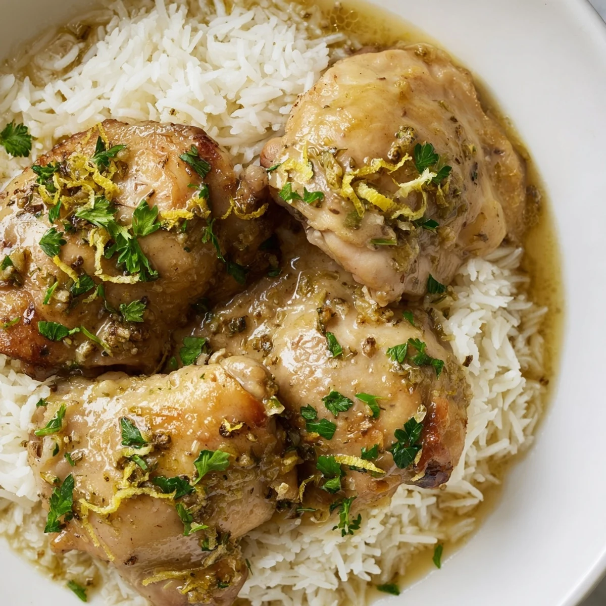 Comforting slow cooker lemon herb chicken drizzled with savory juices over fluffy rice