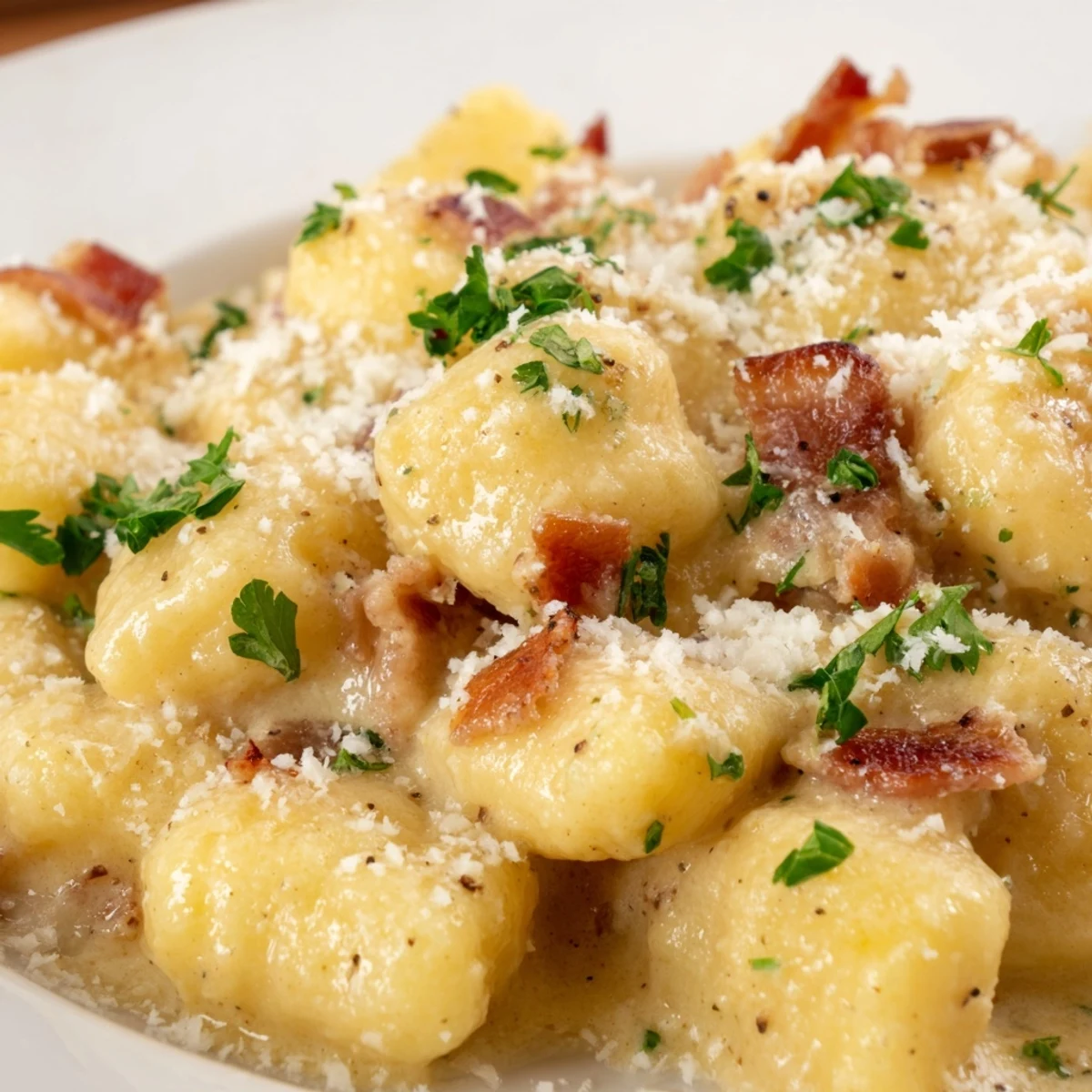 Golden pillowy gnocchi tossed in rich carbonara sauce with savory bacon bits and Parmesan shavings