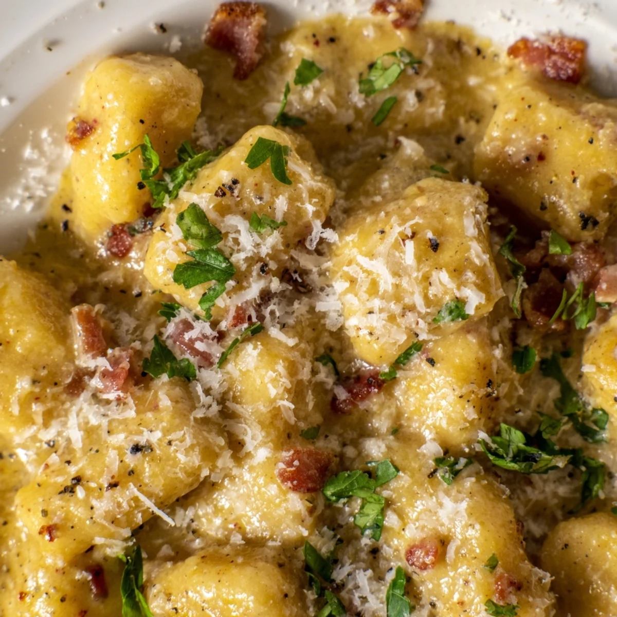 Creamy Gnocchi Carbonara with crispy bacon and grated Parmesan cheese served in a white bowl
