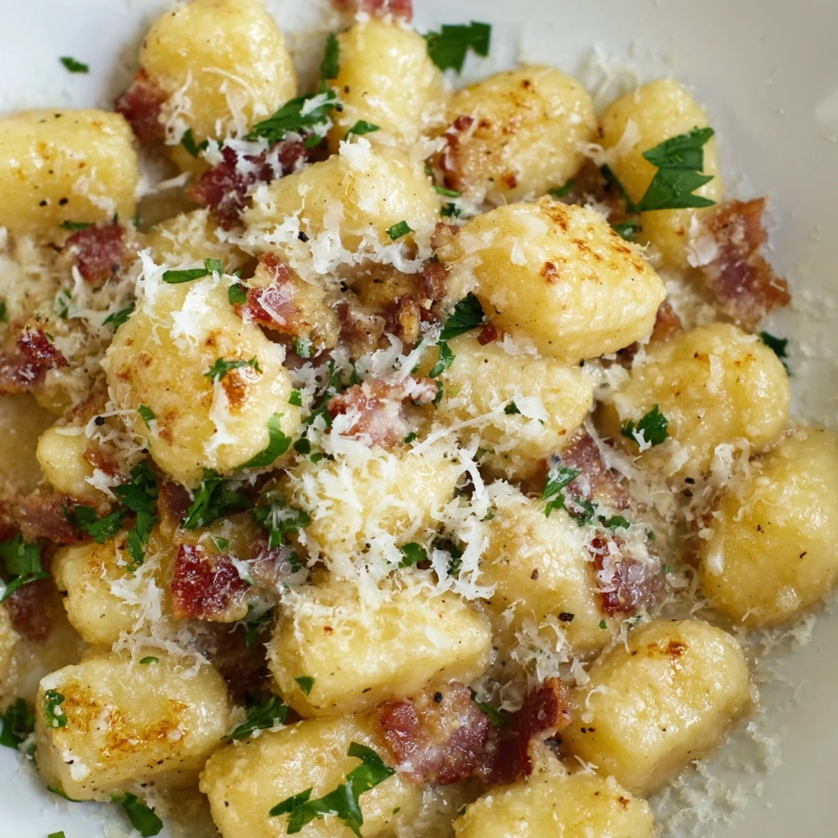 Steaming plate of Gnocchi Carbonara featuring crispy bacon pieces and generous Parmesan topping on rustic background