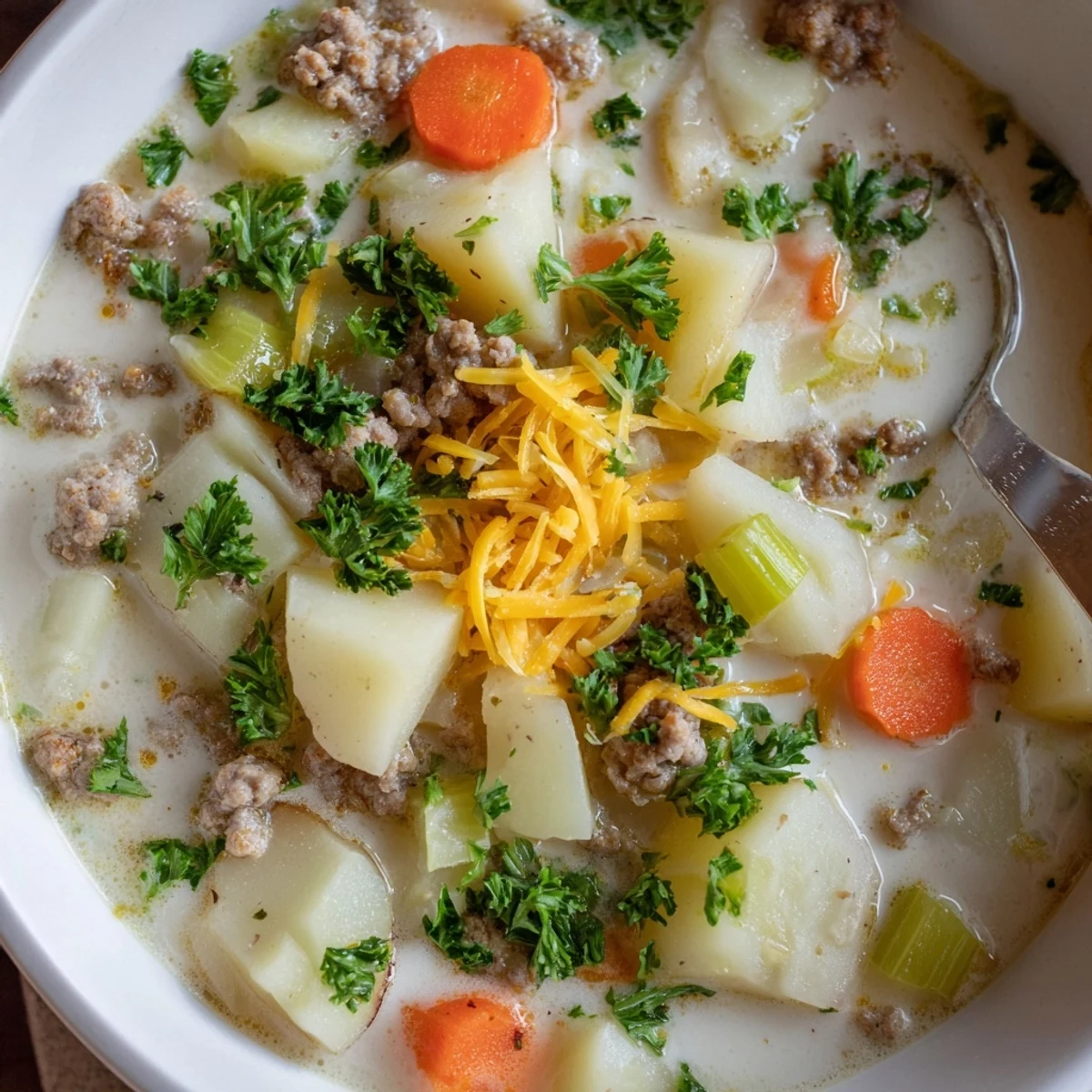 Creamy simple pork sausage potato soup garnished with fresh parsley and grated cheddar cheese in a rustic bowl