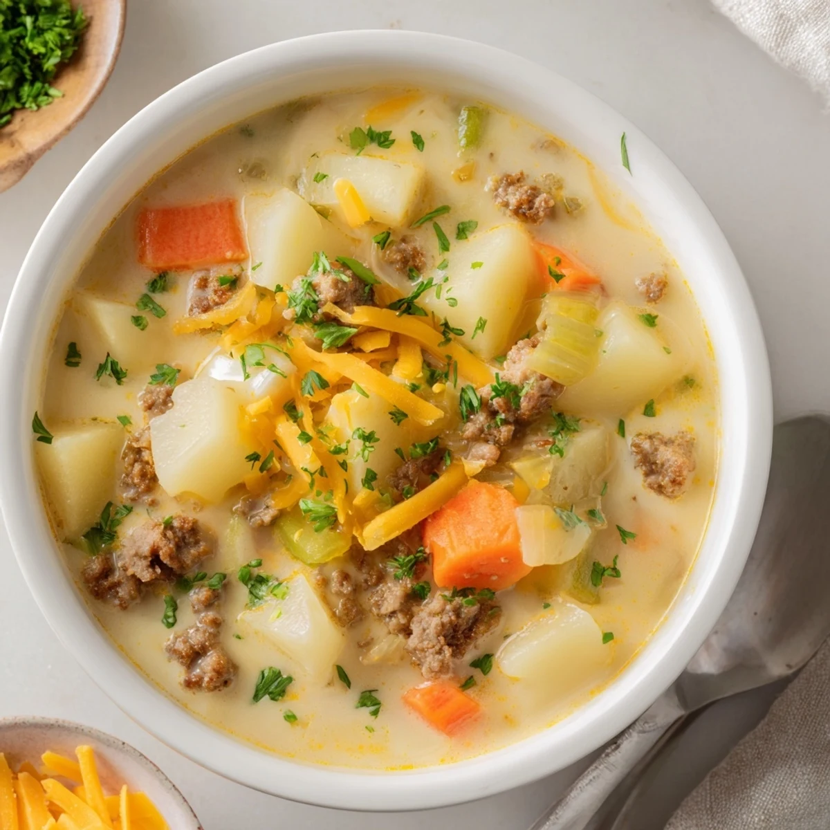 Hearty simple pork sausage potato soup featuring chunks of potatoes and browned sausage in a rich creamy broth