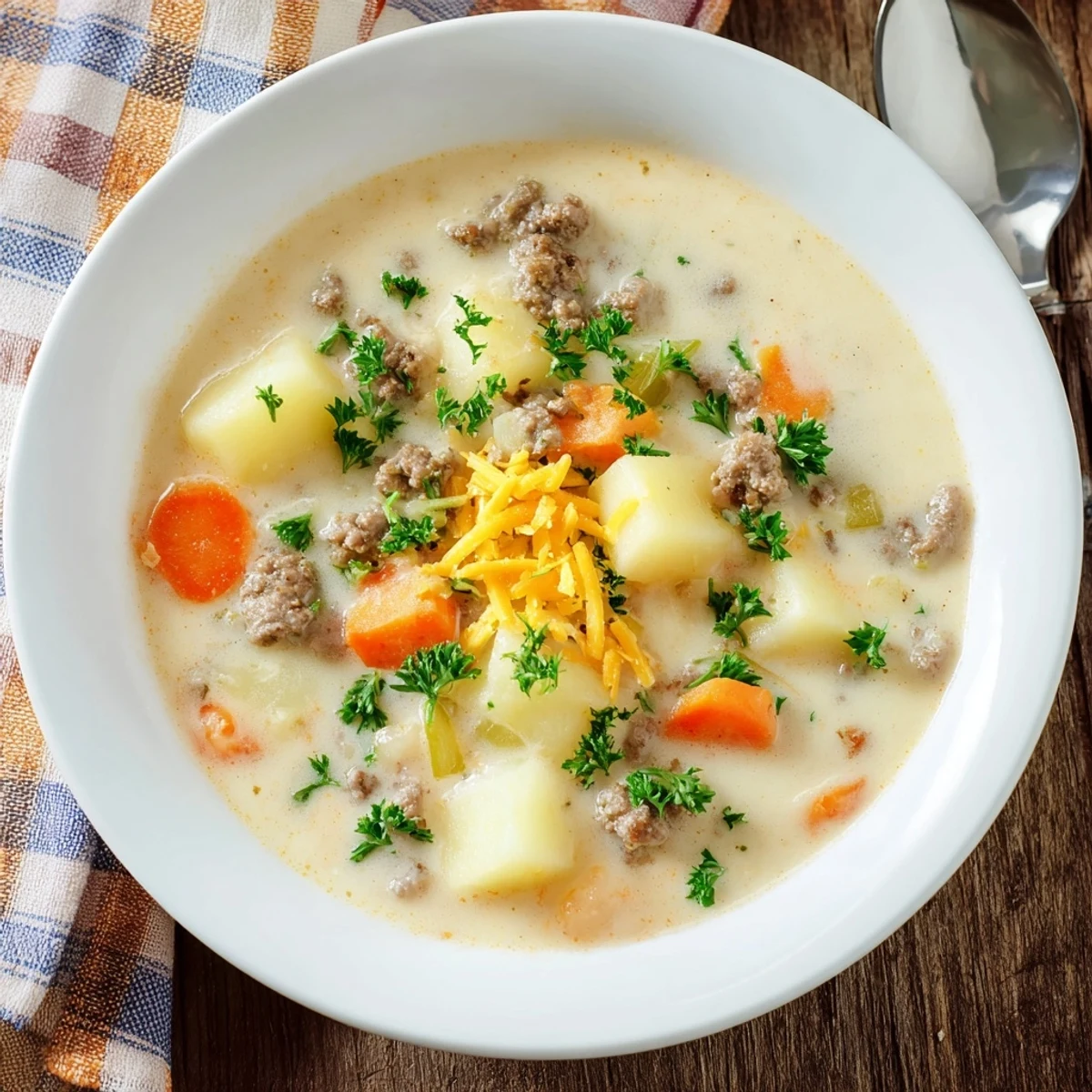 Steaming bowl of simple pork sausage potato soup loaded with tender potatoes, savory sausage crumbles, and colorful vegetables