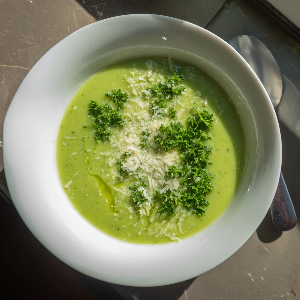 Velvety green Italian broccoli soup bowl drizzled with olive oil and sprinkled with grated cheese