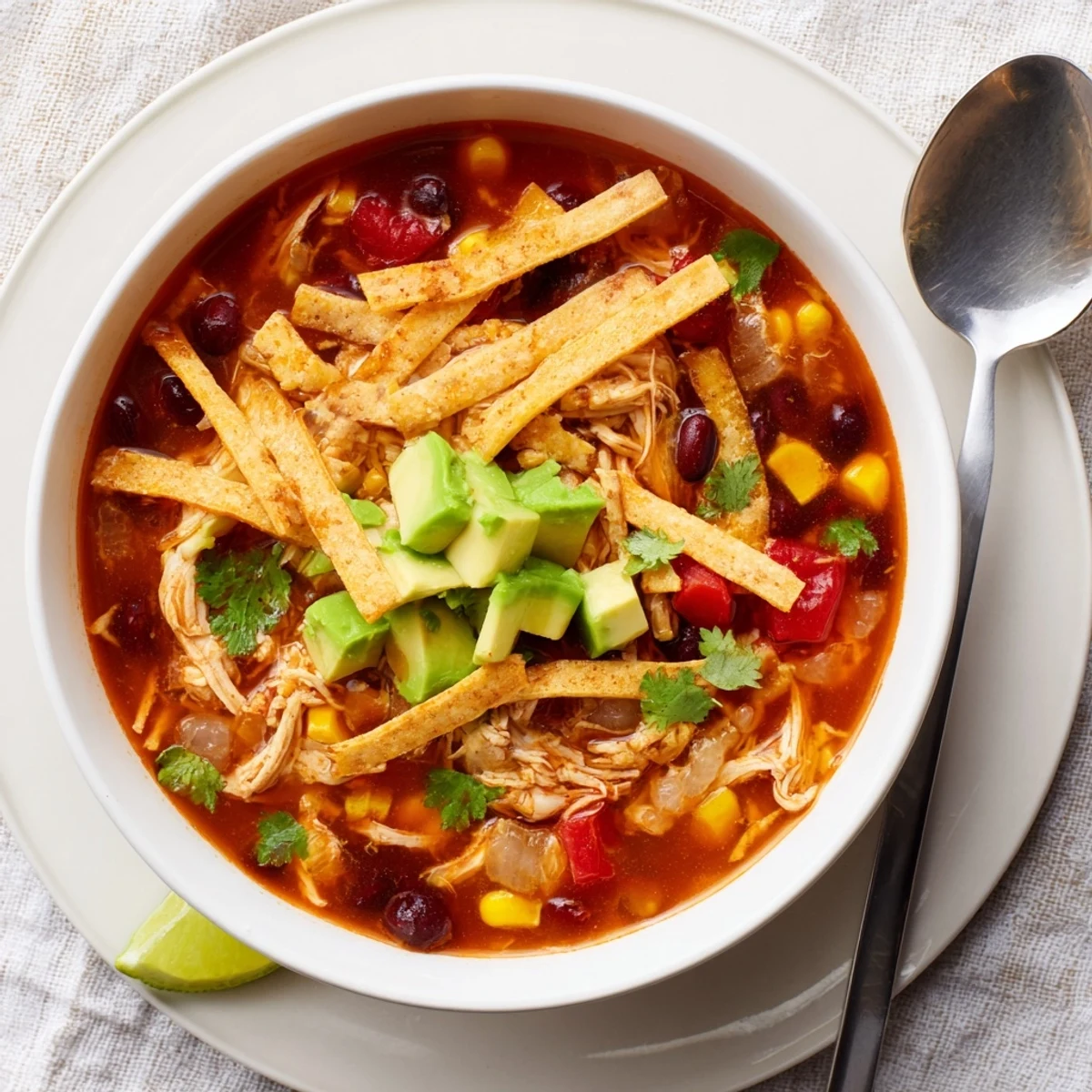Golden bowl of classic chicken tortilla soup topped with crispy tortilla strips and fresh cilantro garnish