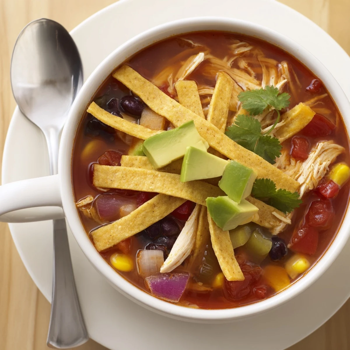 Hearty classic chicken tortilla soup featuring tender shredded chicken beans corn and melted cheddar cheese