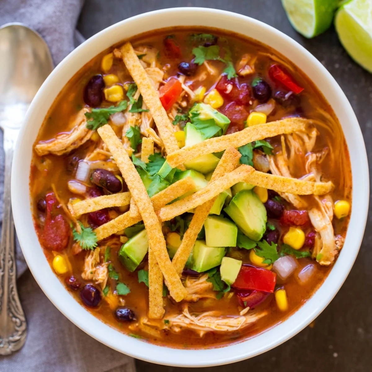 Steamy classic chicken tortilla soup served with lime wedges avocado diced and crunchy baked tortilla strips