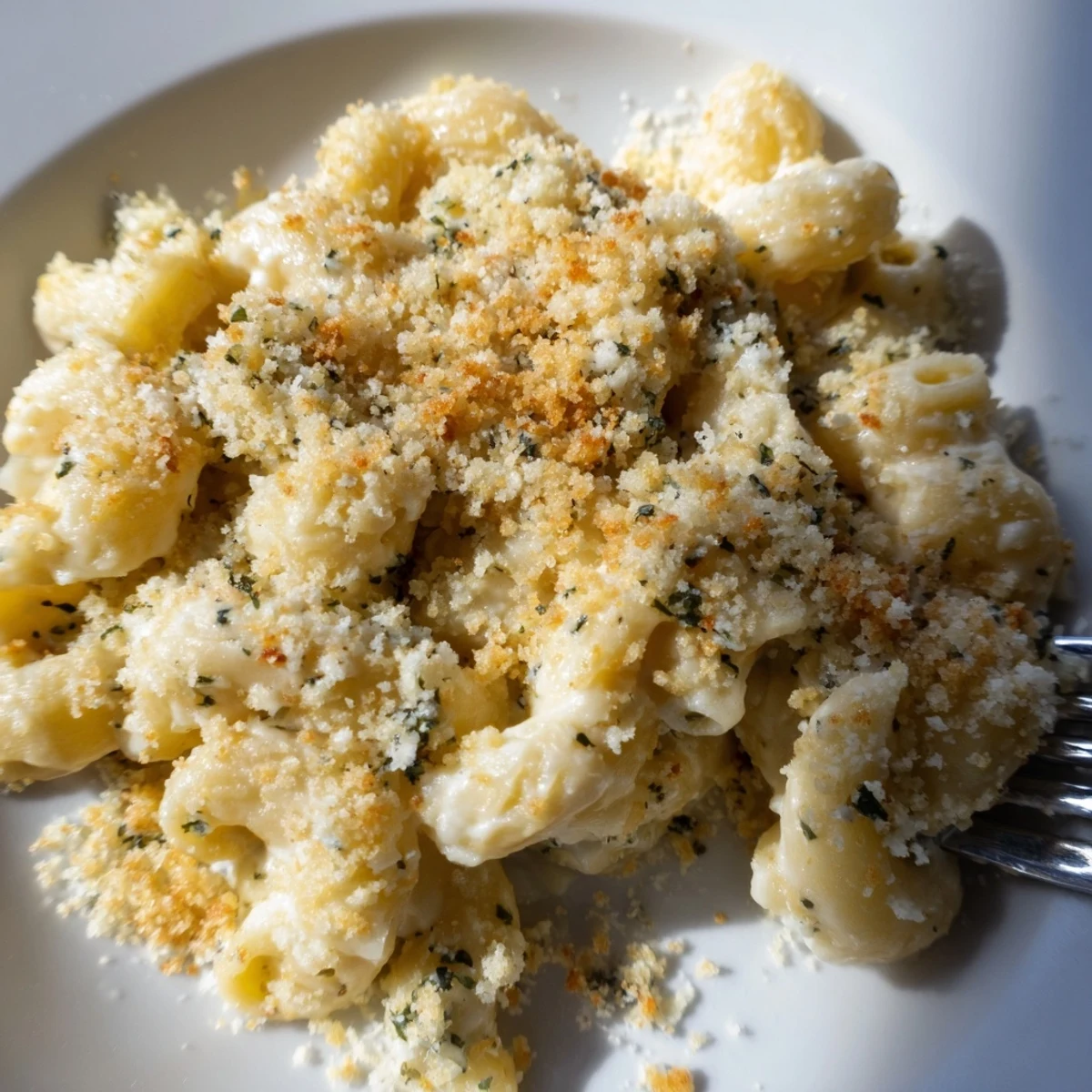 Creamy Boursin mac and cheese topped with golden buttery panko breadcrumbs