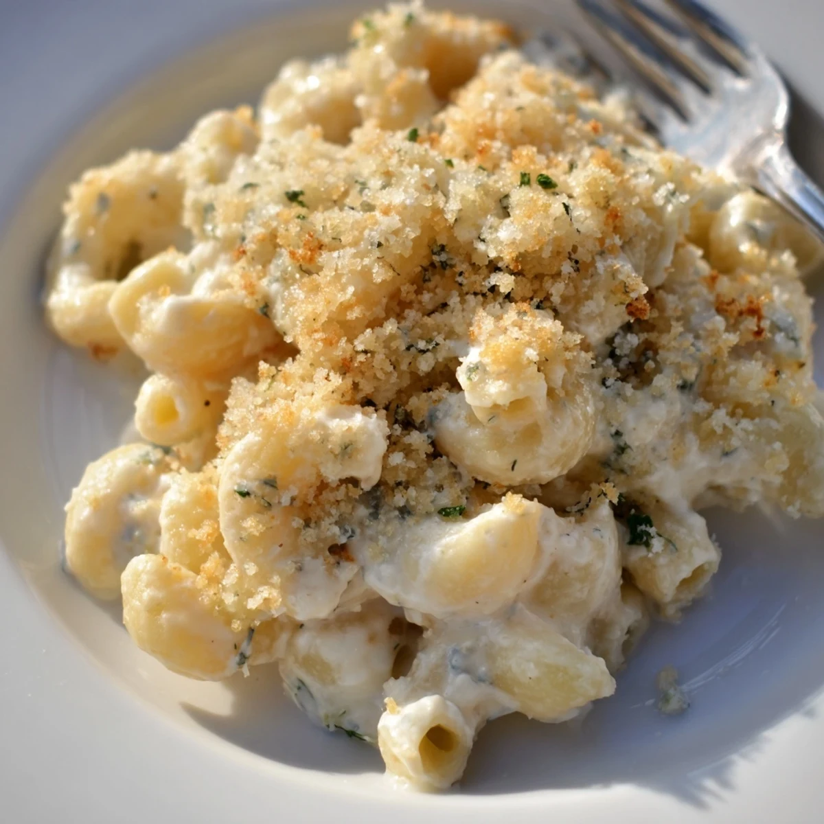 Baked Boursin mac and cheese casserole with melted cheese and crispy Parmesan topping