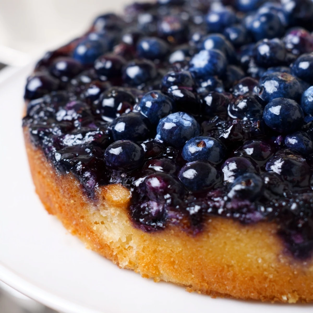 Golden blueberry upside down cake with caramelized fruit topping on a white plate