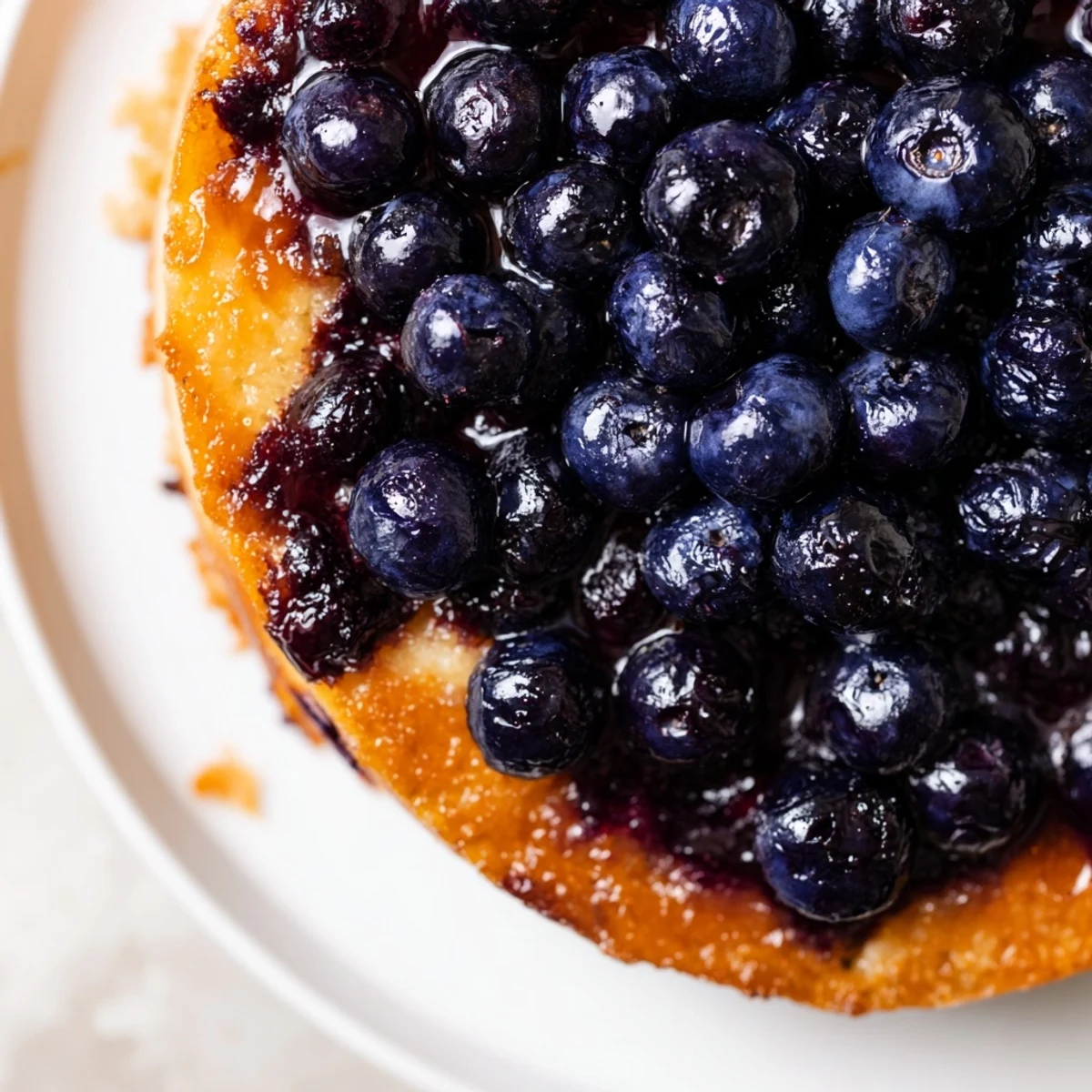 Moist blueberry upside down cake inverted to reveal glossy purple berry layer