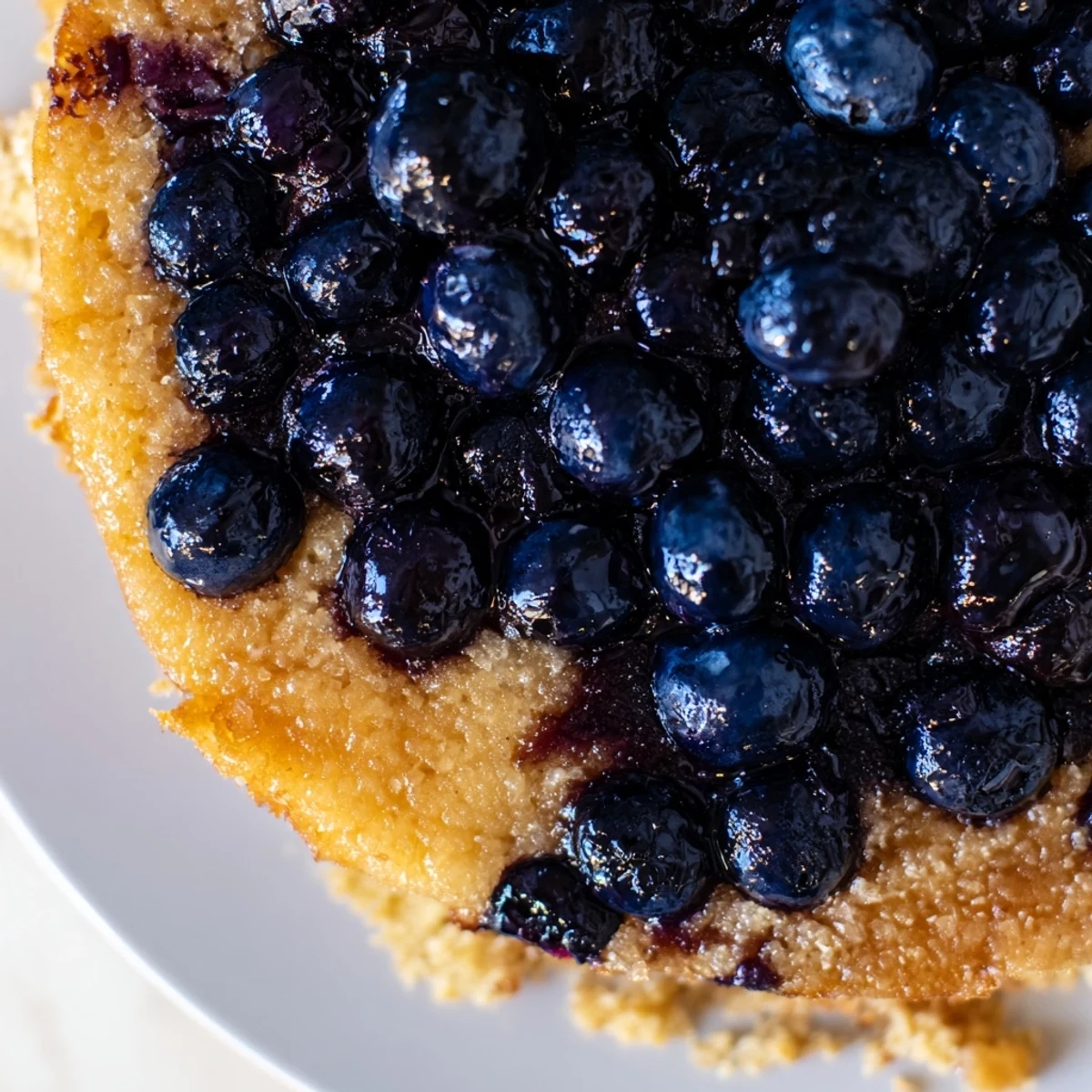 Slice of homemade blueberry upside down cake served with whipped cream garnish